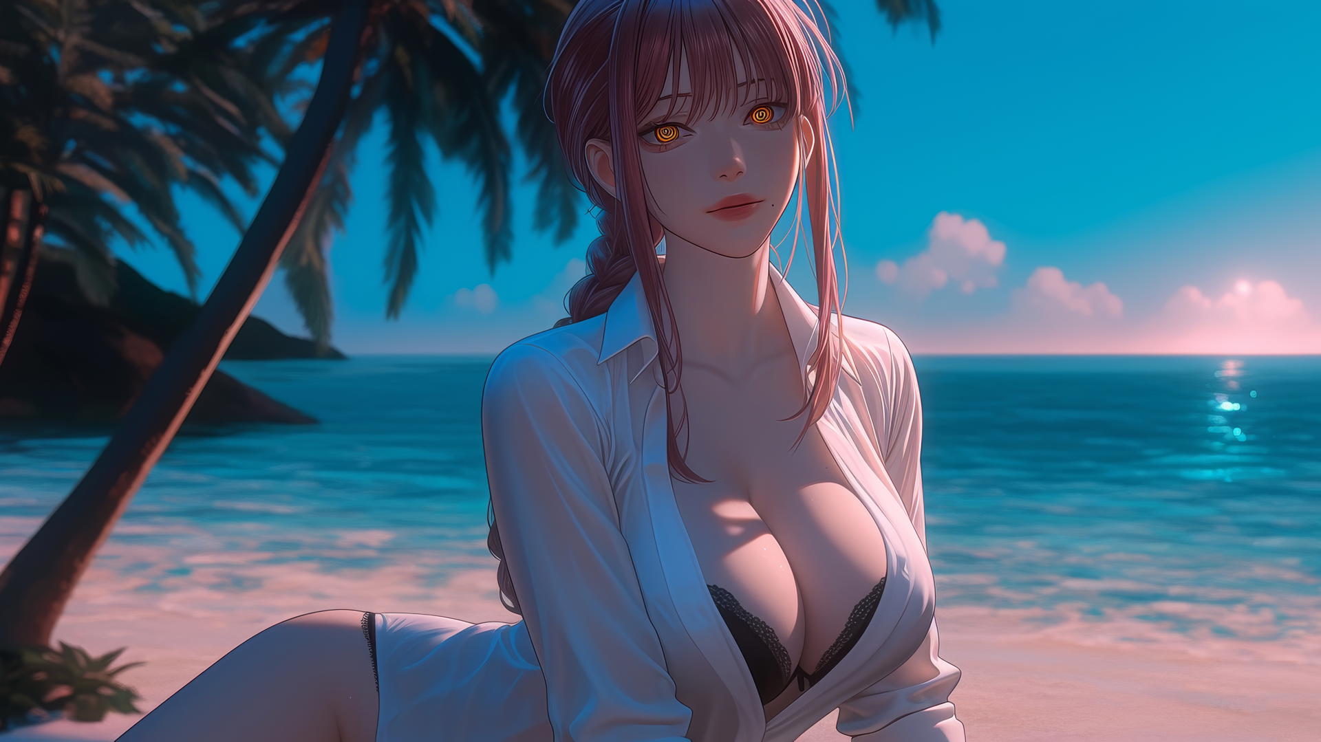 Makima from Chainsaw Man resting at sea during a neon pink sunset with romantic lighting