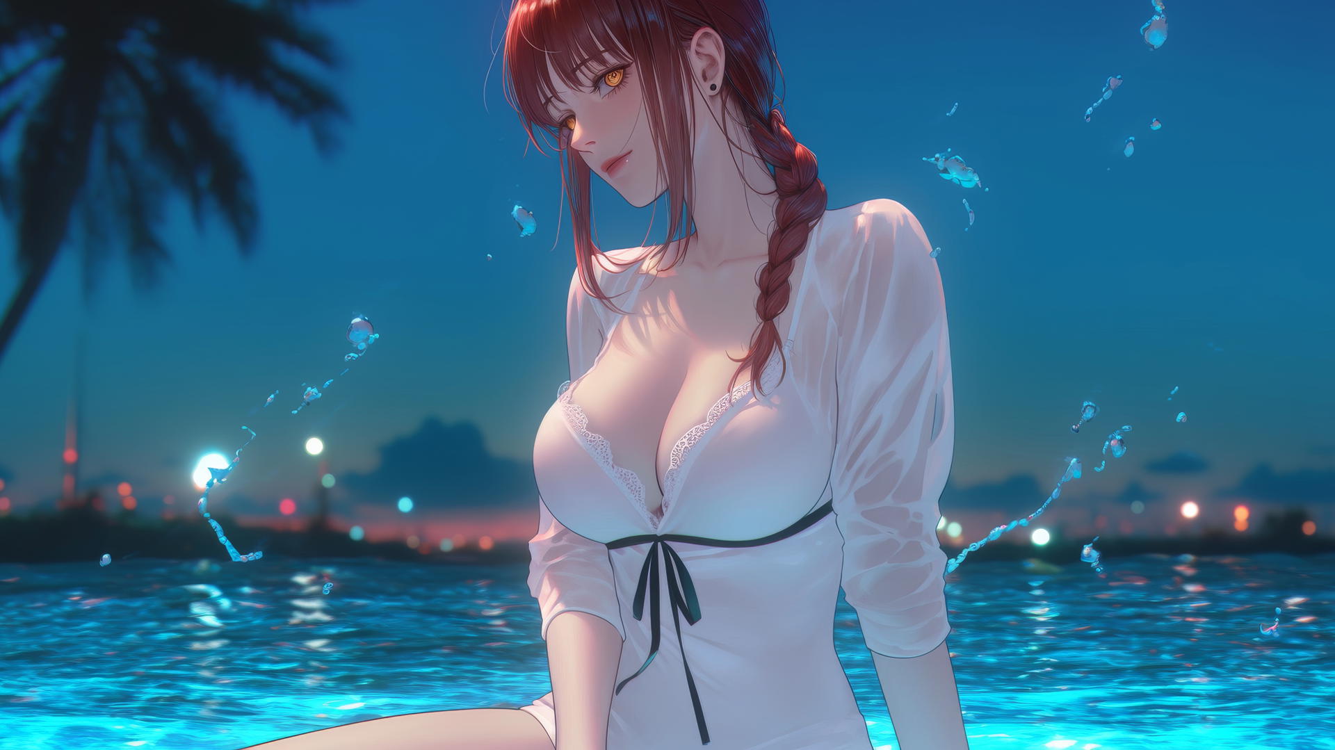 Makima from Chainsaw Man resting at sea during a neon pink sunset