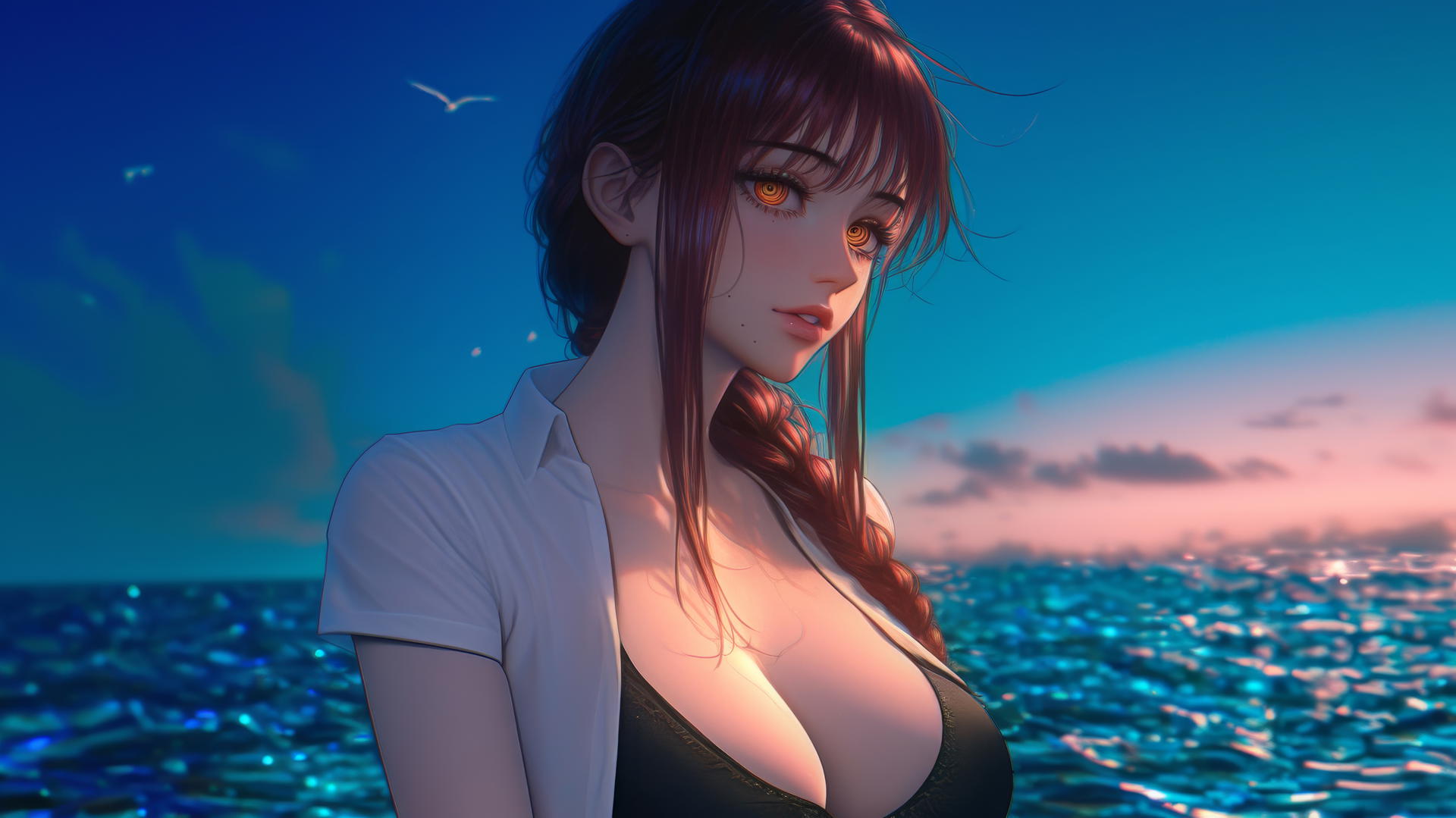 Makima from Chainsaw Man resting at sea during a romantic neon pink sunset.