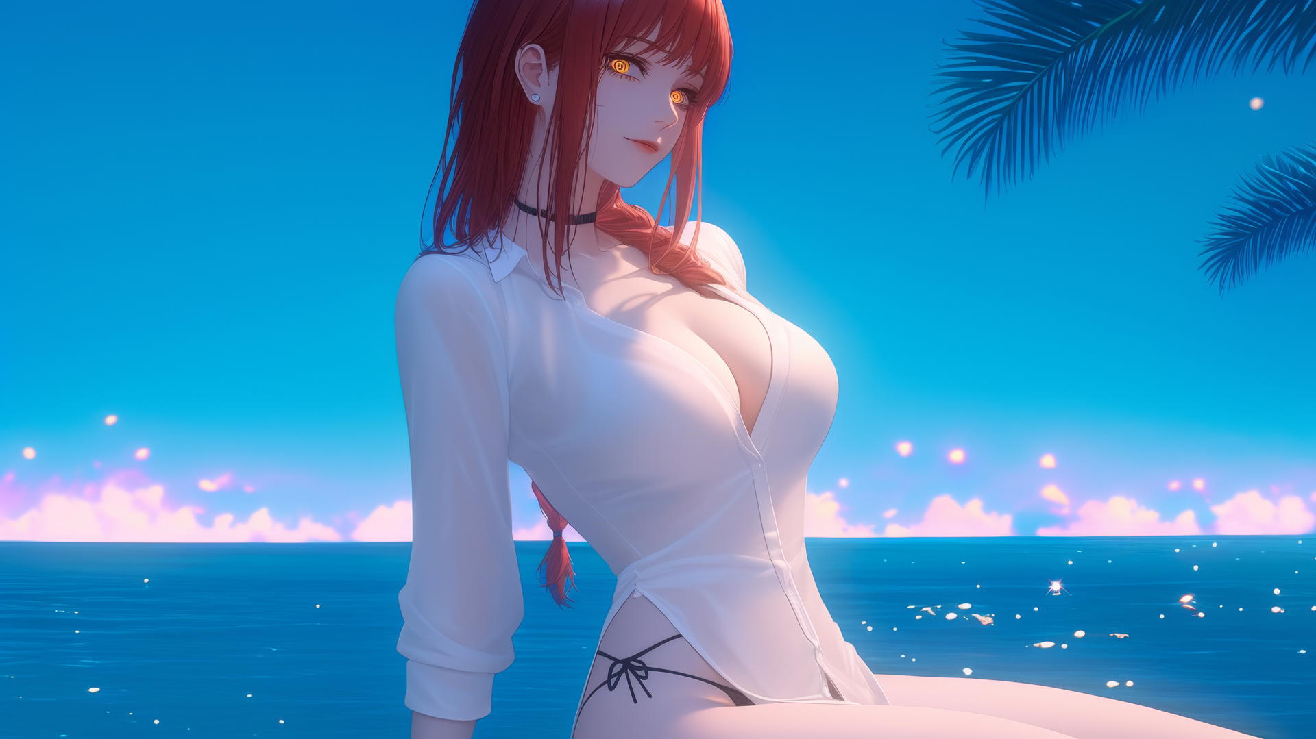 Makima from Chainsaw Man resting at sea during a neon pink sunset