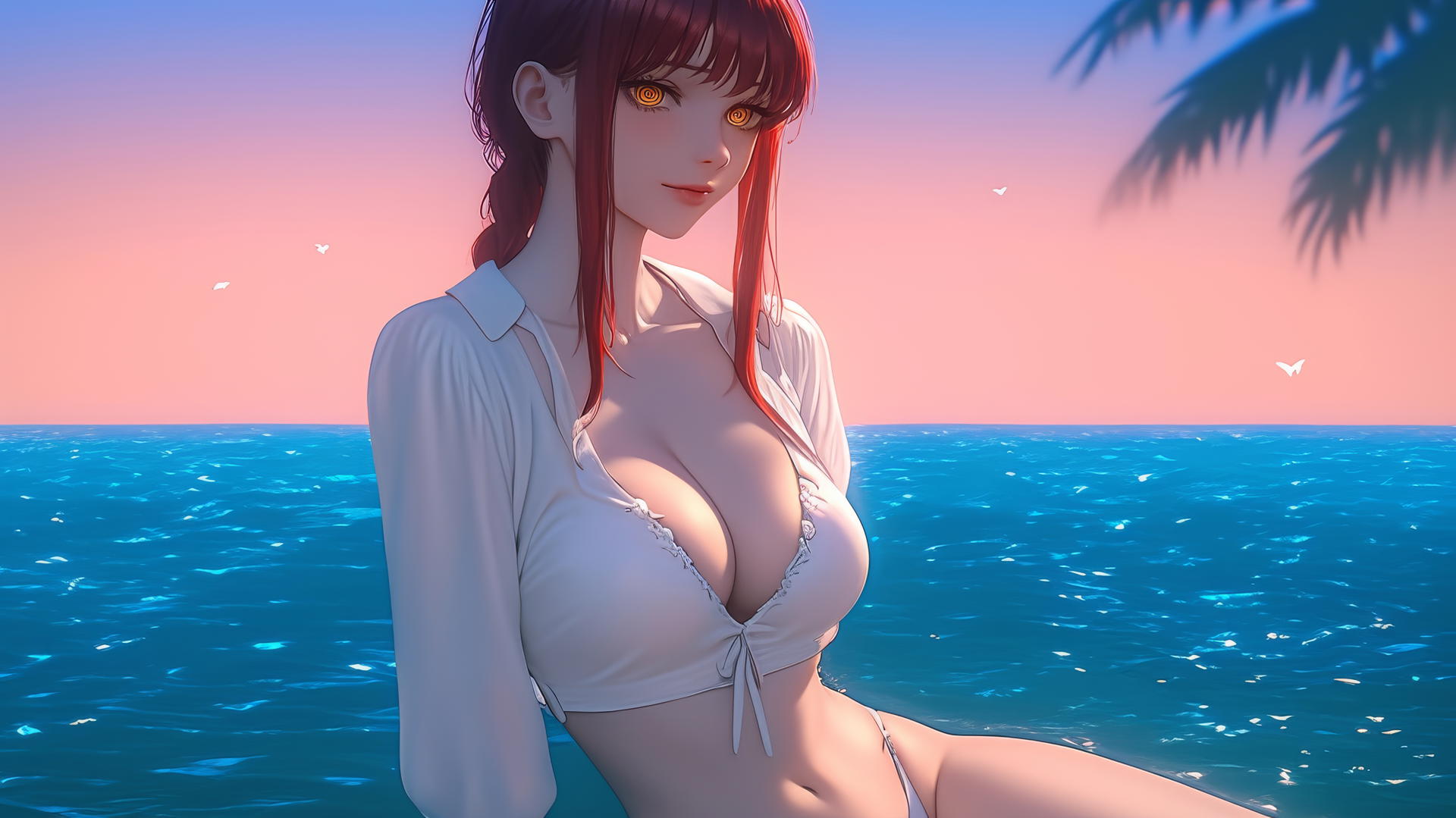 Makima from Chainsaw Man resting at sea during a neon pink sunset