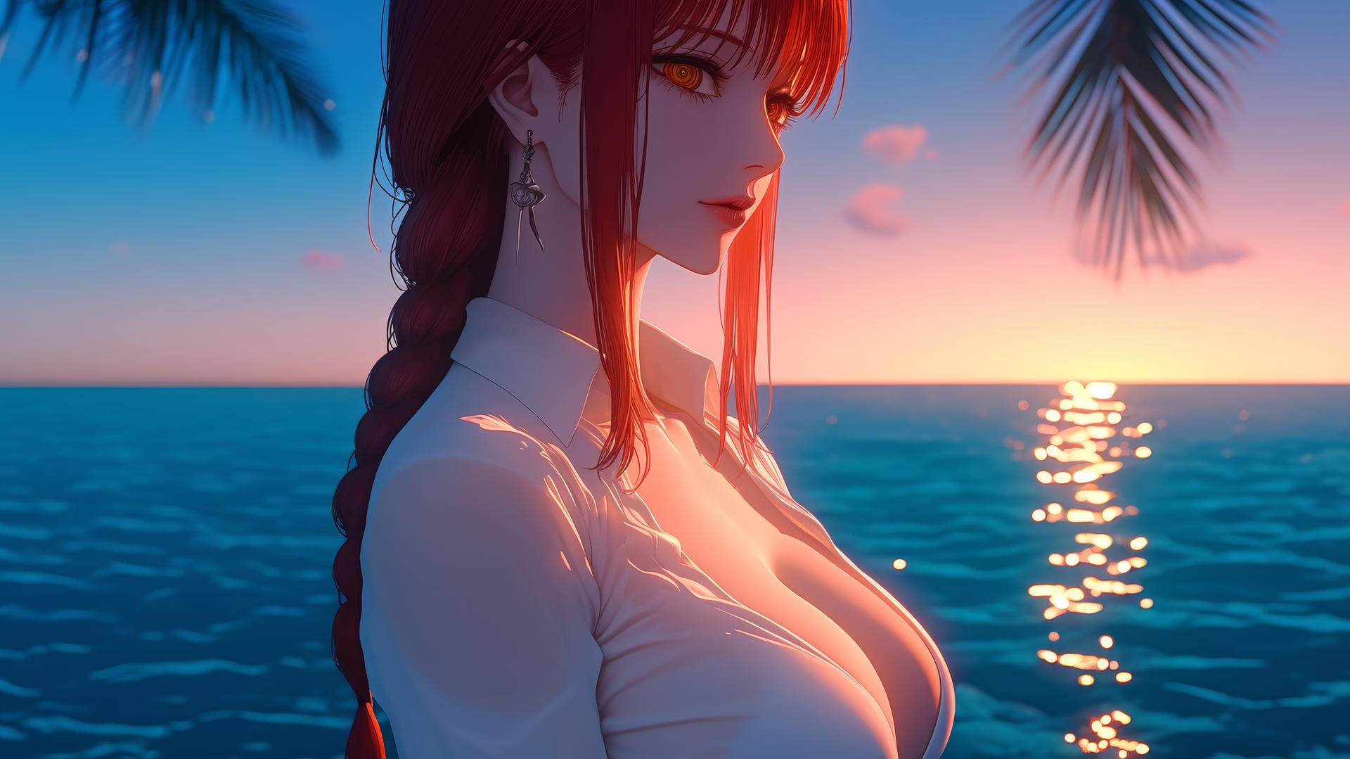 Makima from Chainsaw Man resting at sea during a neon pink sunset.