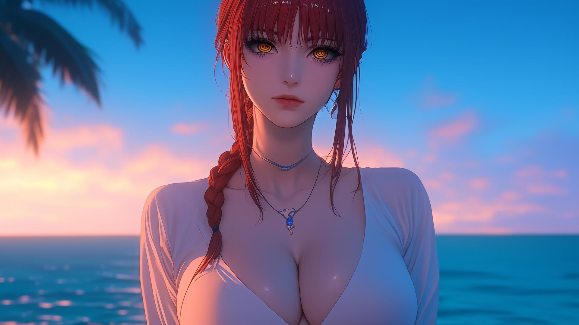 Makima from Chainsaw Man resting by the sea at sunset with neon pink sky