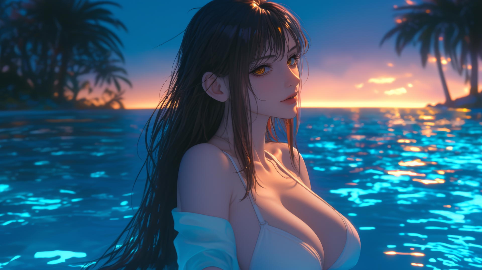Makima from Chainsaw Man resting at sea during a romantic sunset with neon pink sky.