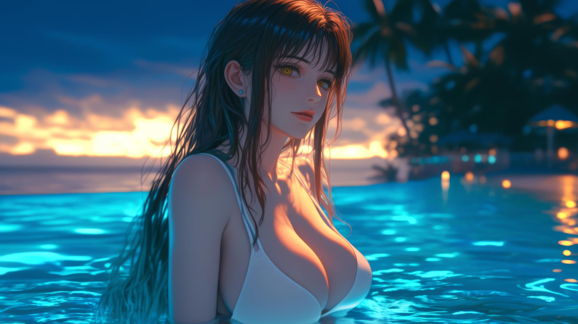 Makima from Chainsaw Man resting at sea during a romantic neon pink sunset