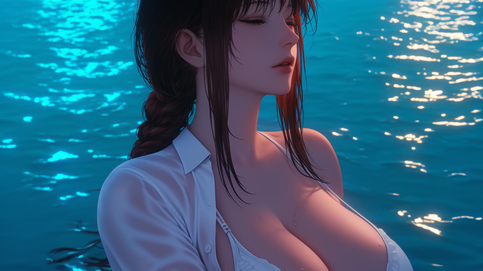 Makima from Chainsaw Man resting at sea during a romantic neon pink sunset.