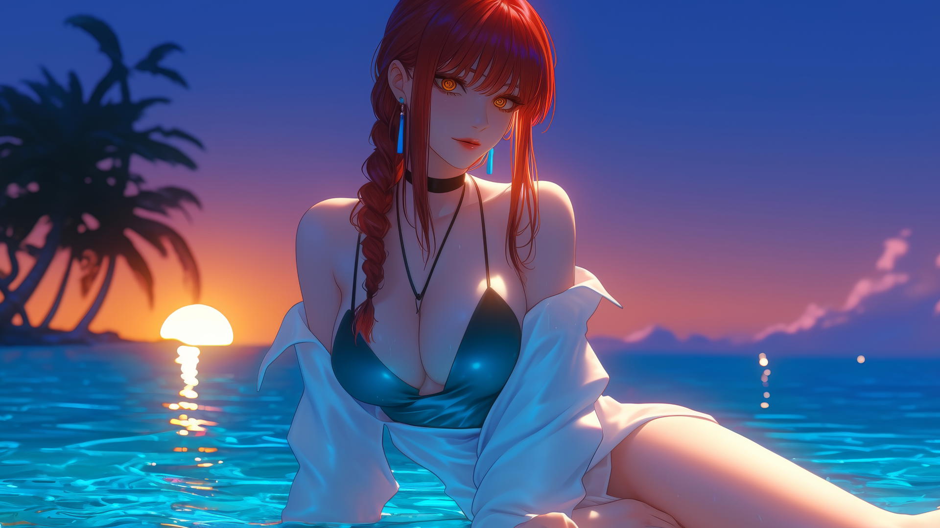 Makima from Chainsaw Man resting at sea during a romantic sunset with neon pink sky