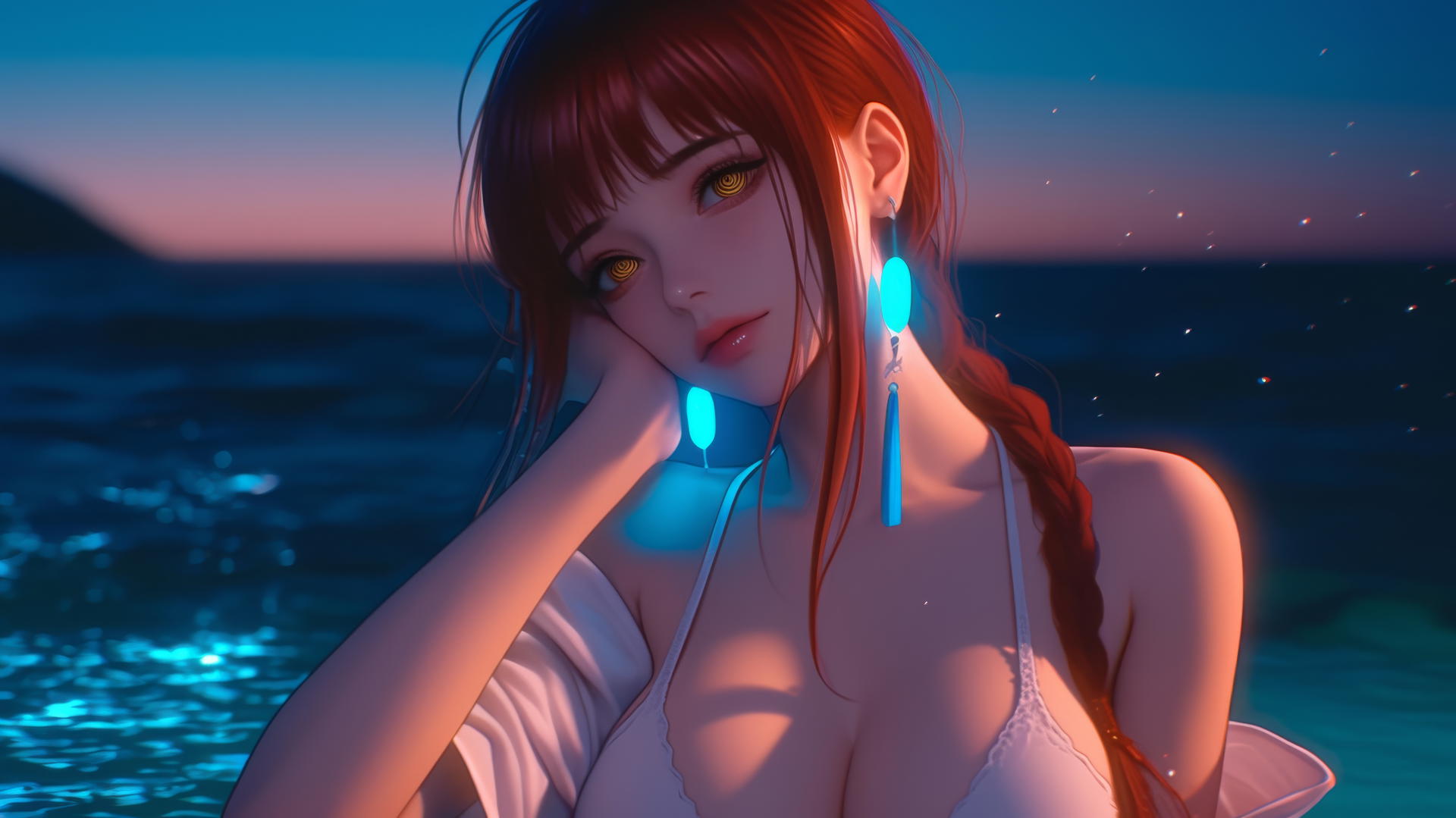 Makima from Chainsaw Man resting at sea during a neon pink sunset