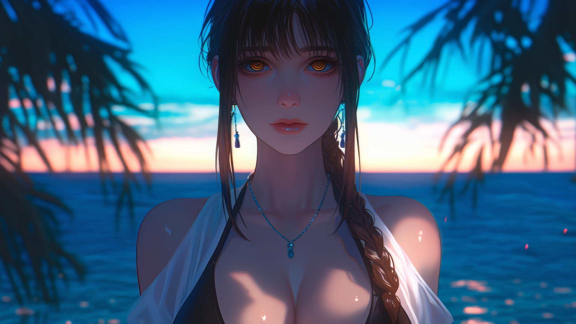 Makima from Chainsaw Man resting at sea during a romantic neon pink sunset.