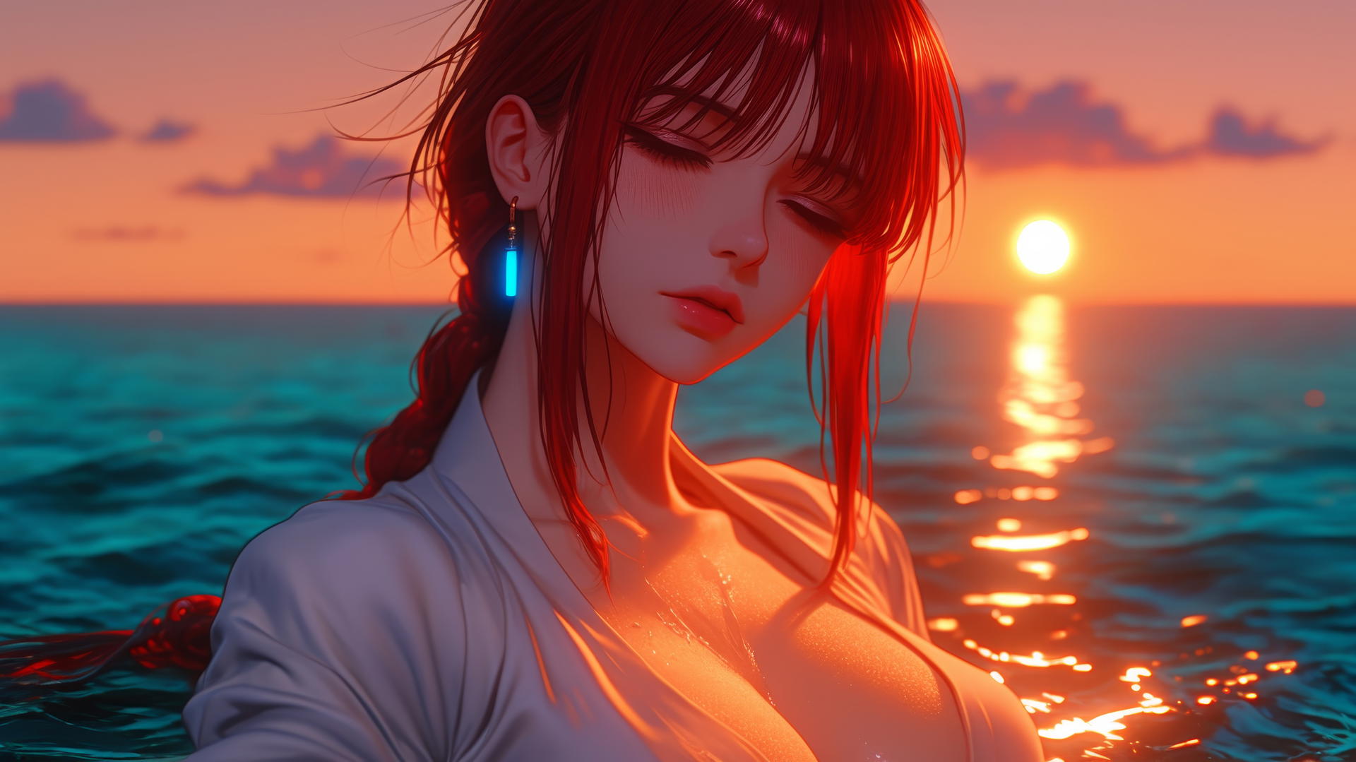 Makima resting at sea during a romantic neon pink sunset with soft glow.