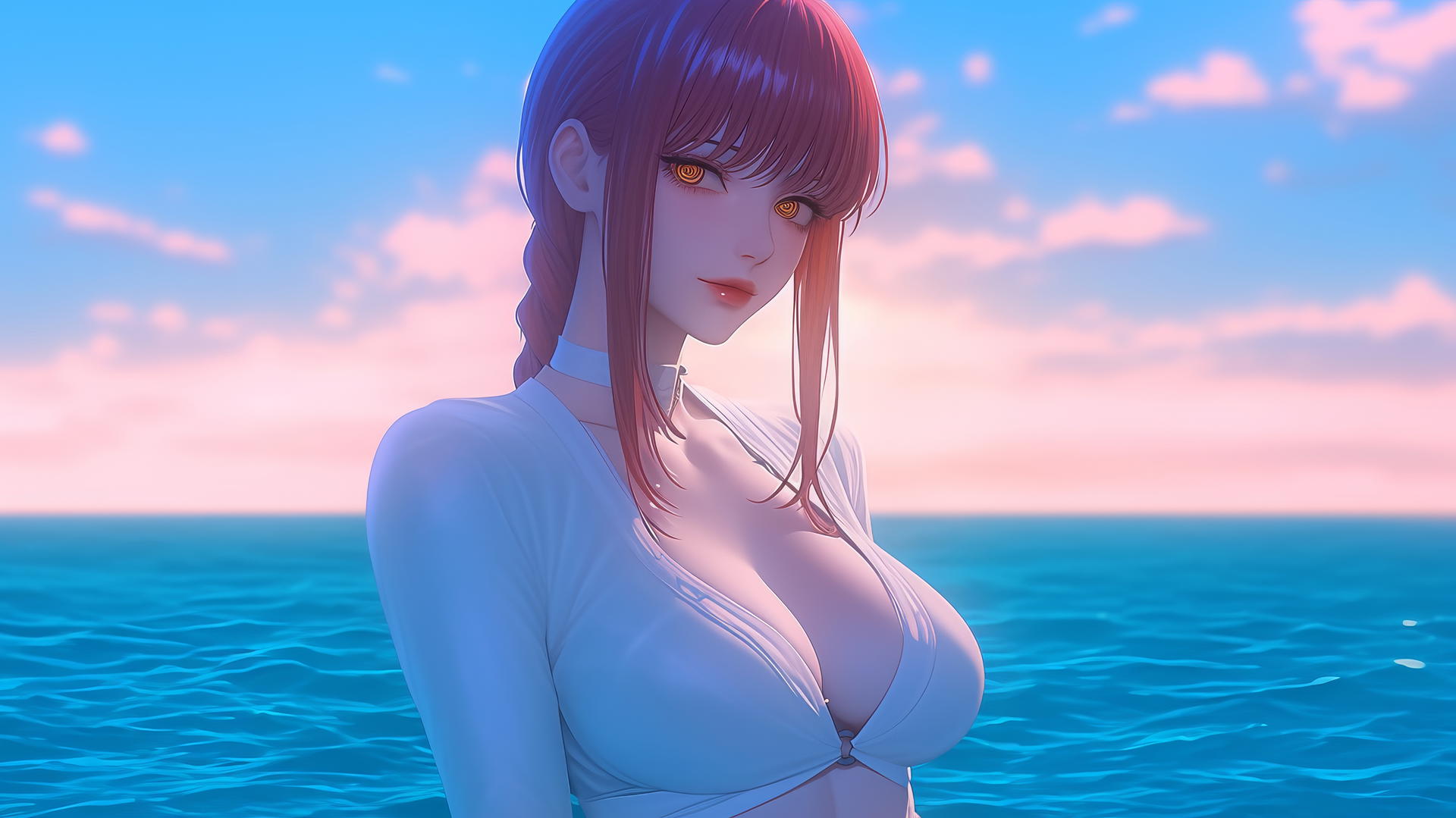 Makima from Chainsaw Man resting at sea during a romantic neon pink sunset