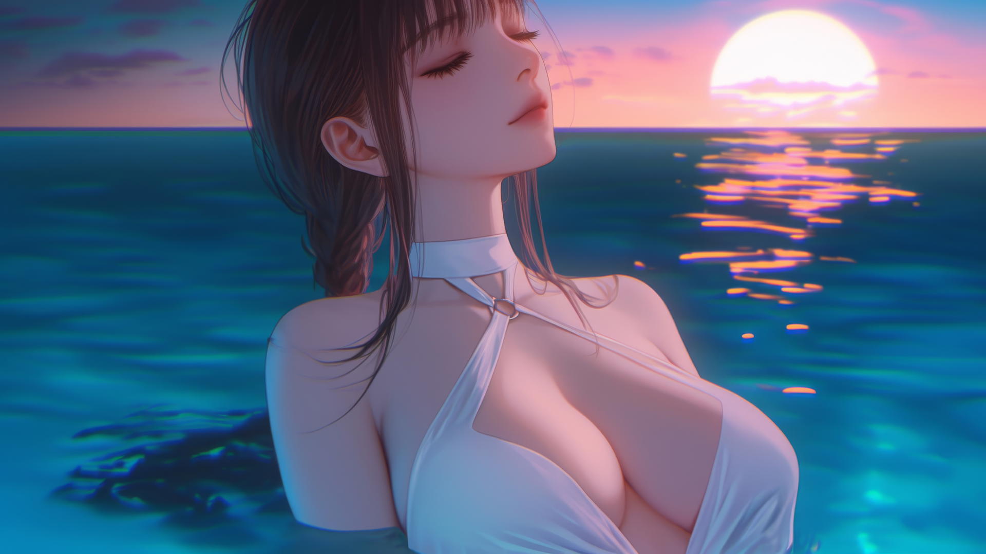 Makima from Chainsaw Man, resting at sea during romantic sunset with neon pink sky and soft neon light.