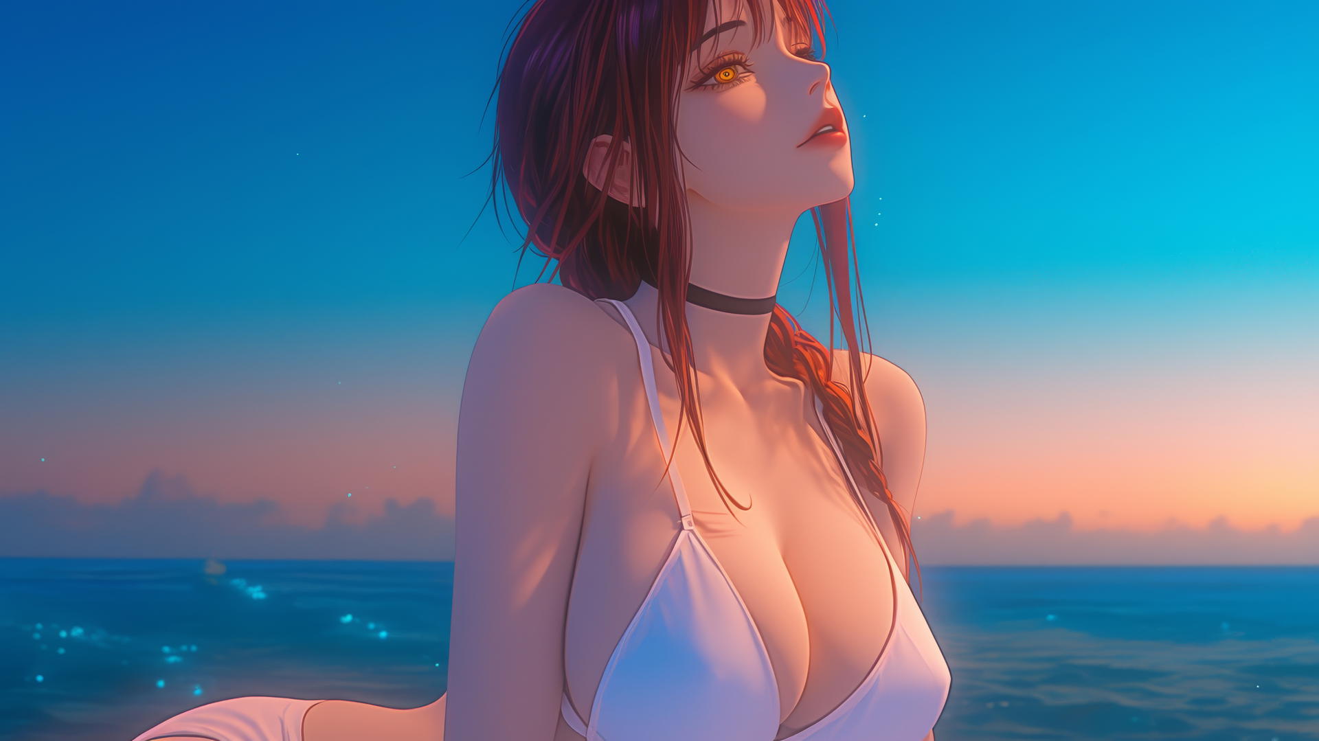 Makima from Chainsaw Man resting at sea with neon pink sky at sunset