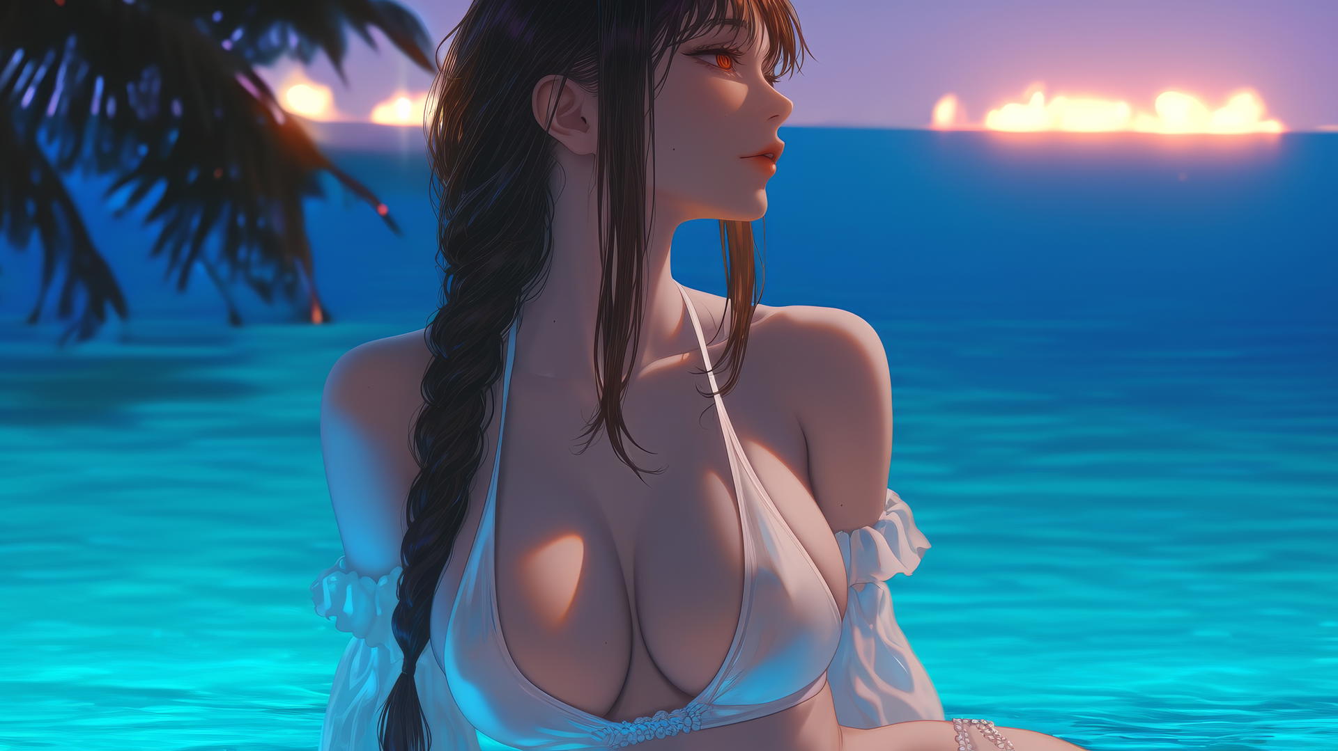 Makima from Chainsaw Man resting at sea during sunset with neon pink sky.