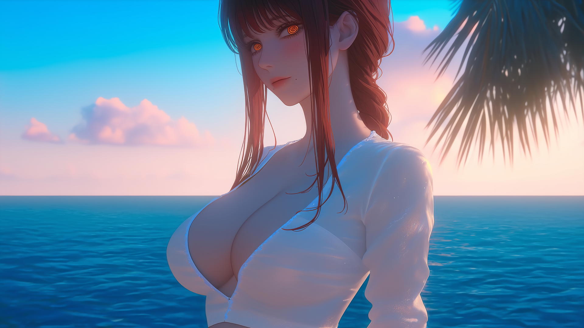 Makima from Chainsaw Man resting at sea during a romantic sunset with neon pink sky.