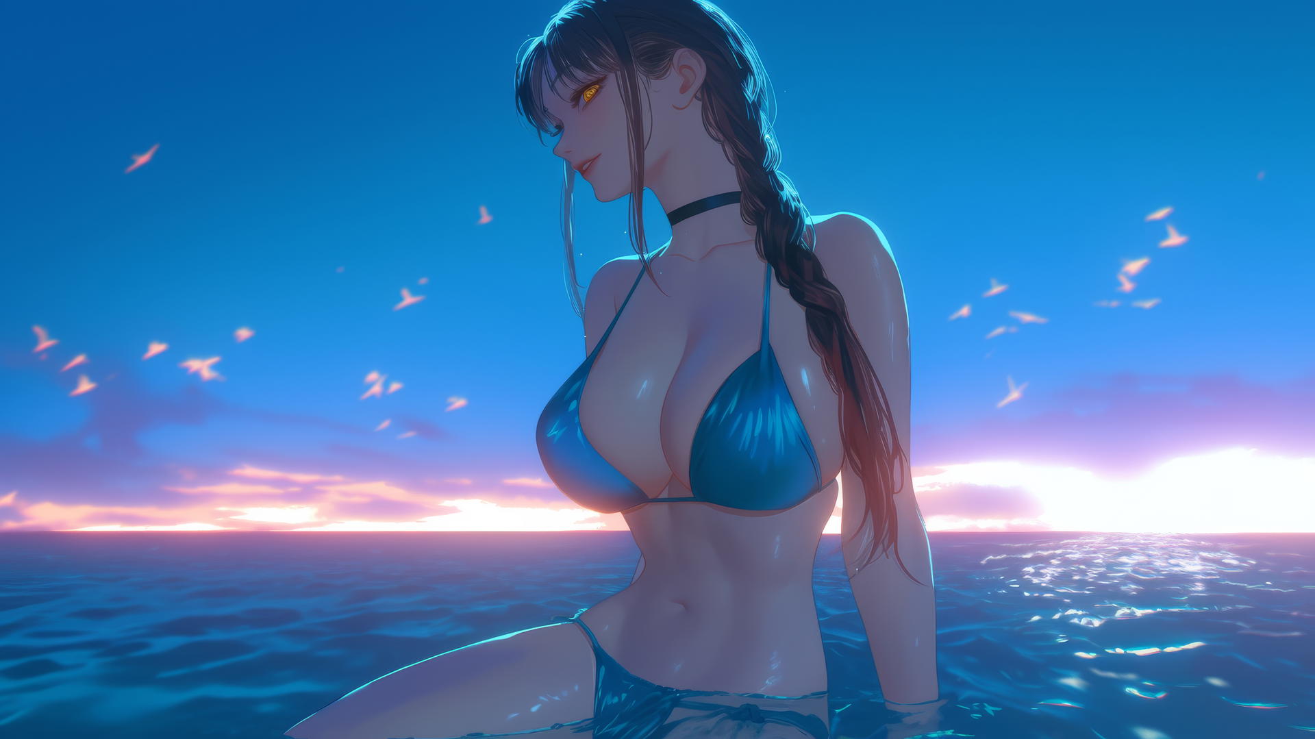 Makima from Chainsaw Man resting at sea during a romantic neon pink sunset.