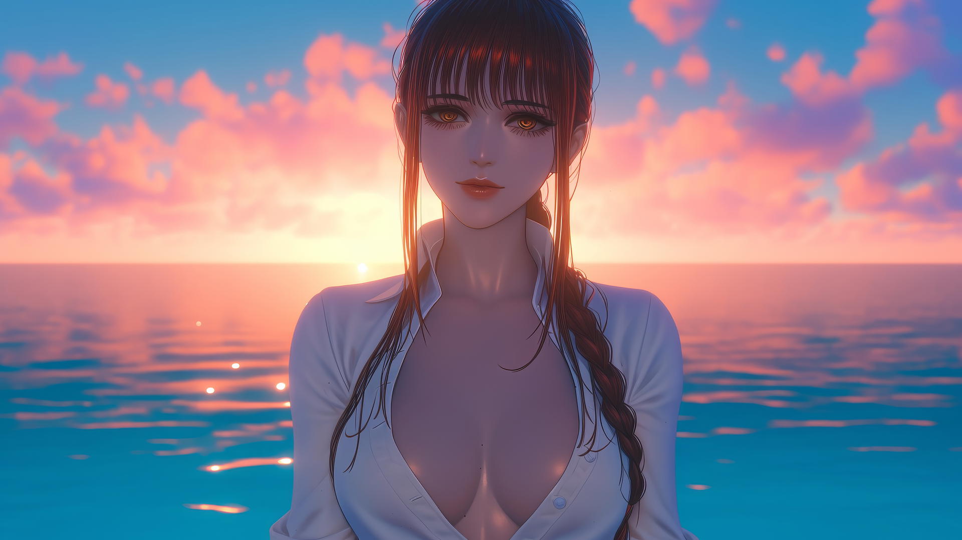 Makima from Chainsaw Man resting at sea during a neon pink romantic sunset.