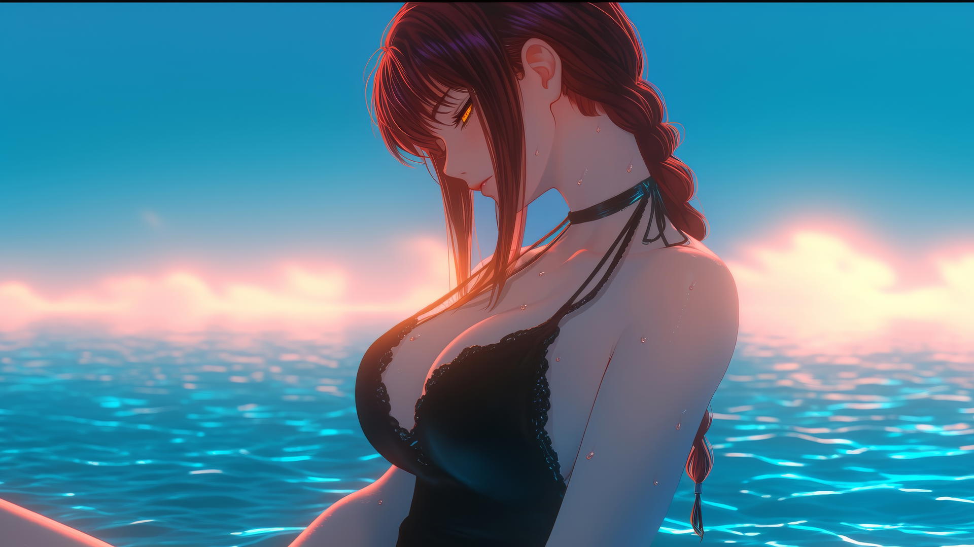 Makima from Chainsaw Man resting at sea at sunset with neon pink sky