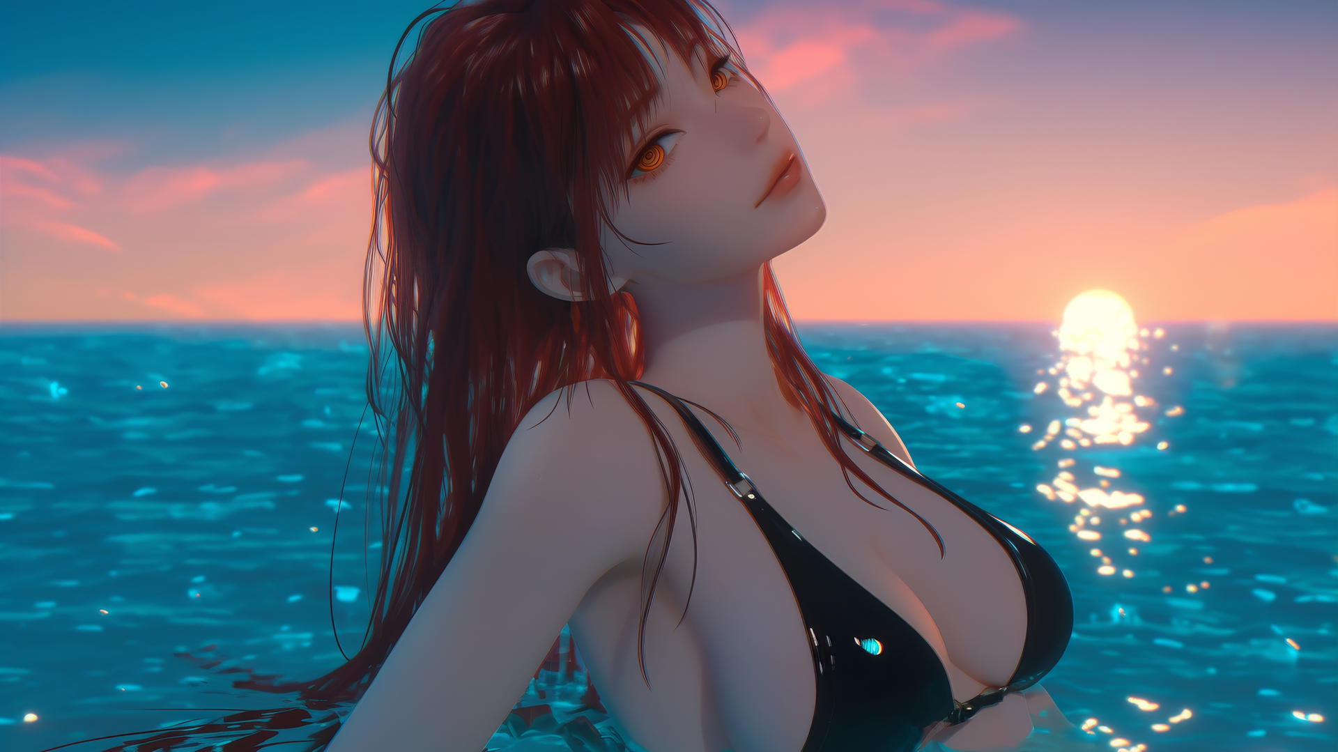 Makima from Chainsaw Man rests at sea during a neon pink sunset, illuminated softly.