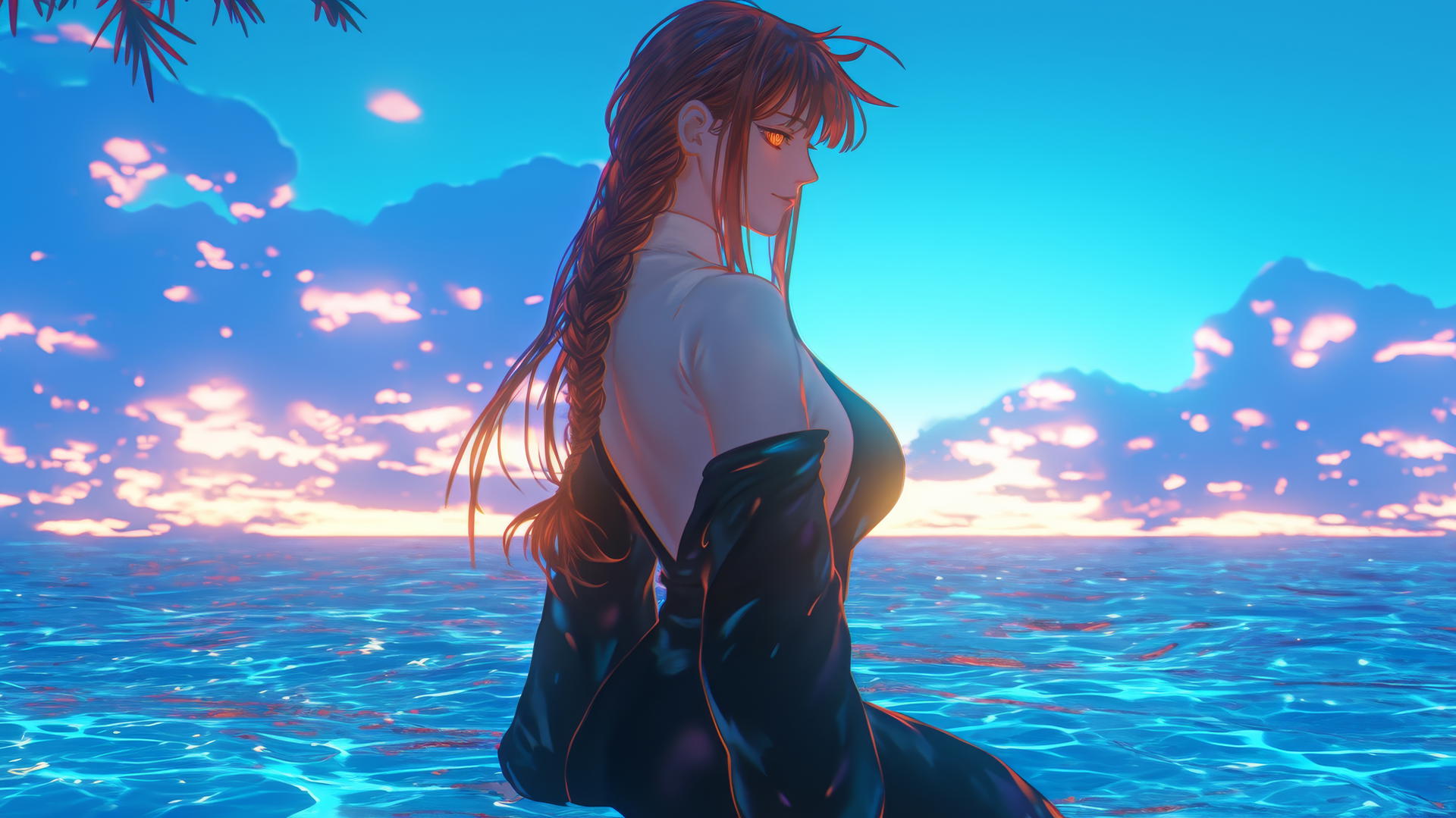 Makima from Chainsaw Man resting at sea during a romantic neon pink sunset.