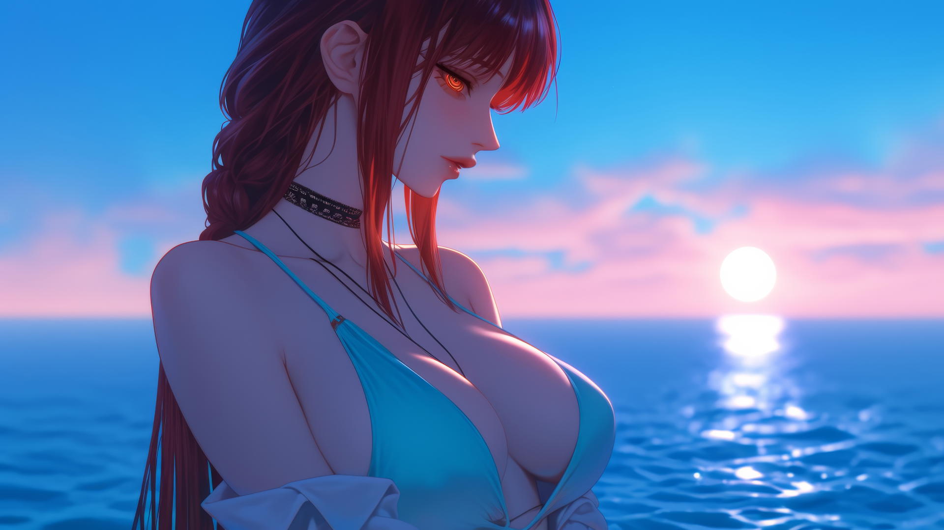 Makima from Chainsaw Man resting at sea during romantic neon pink sunset