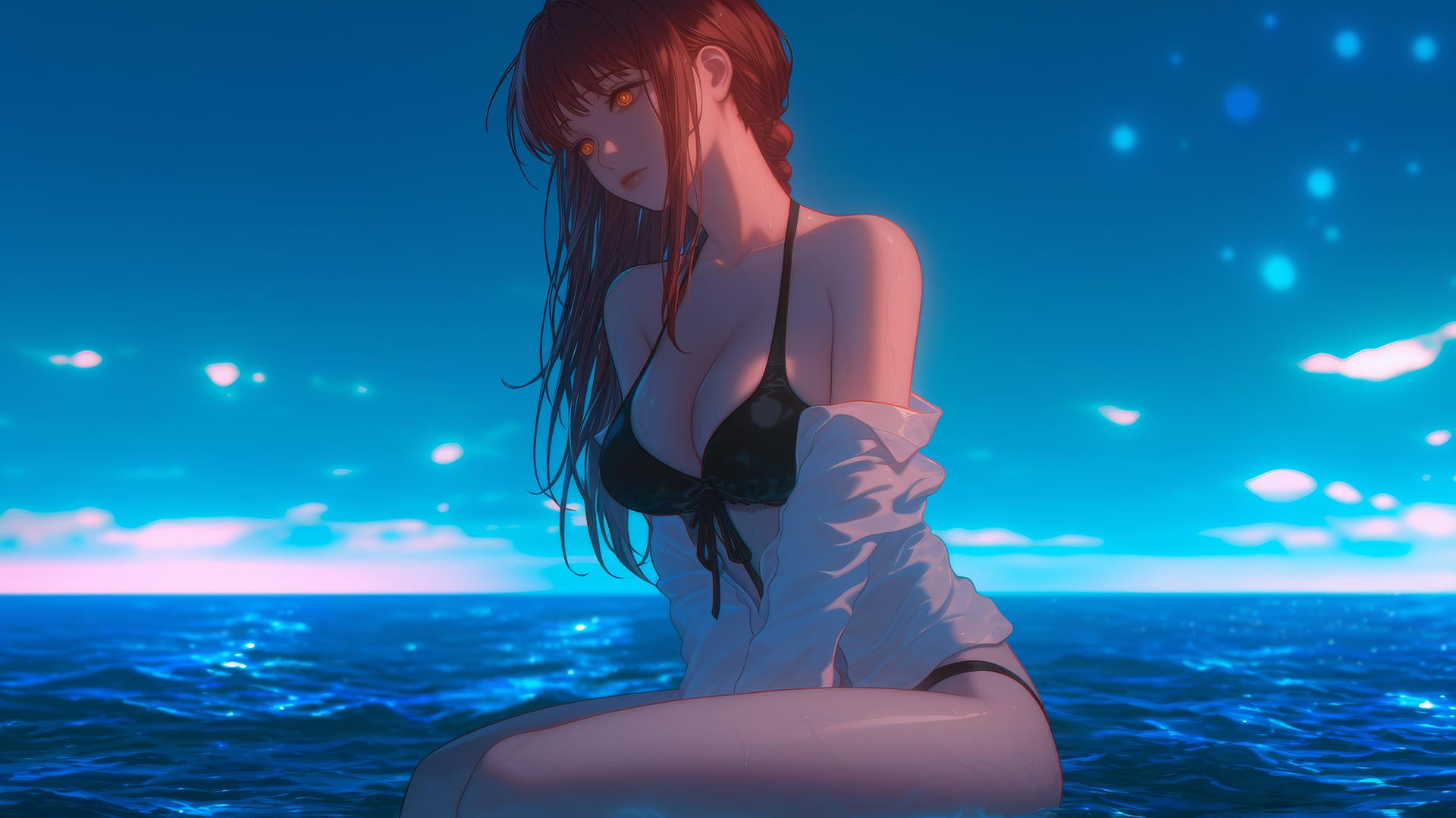 Makima from Chainsaw Man resting at sea during a romantic neon sunset