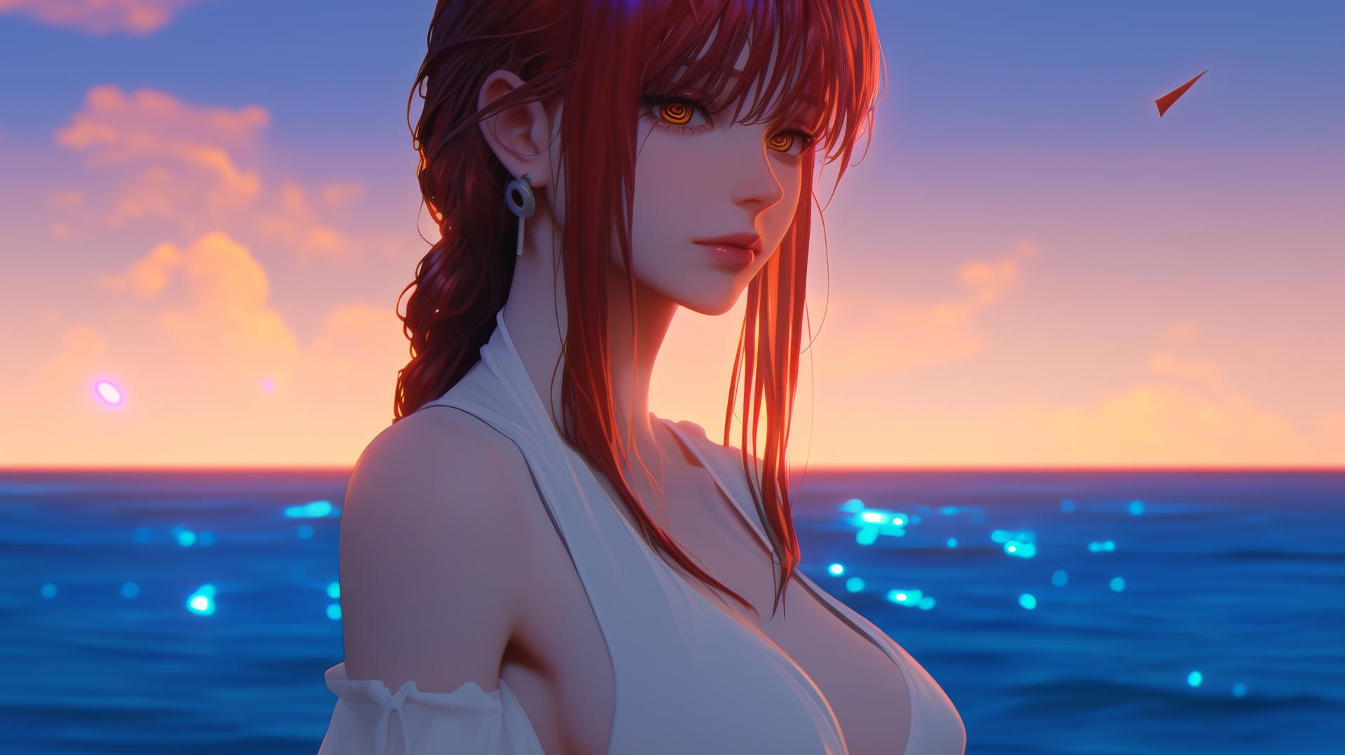 Makima from Chainsaw Man resting by the sea at a neon pink sunset