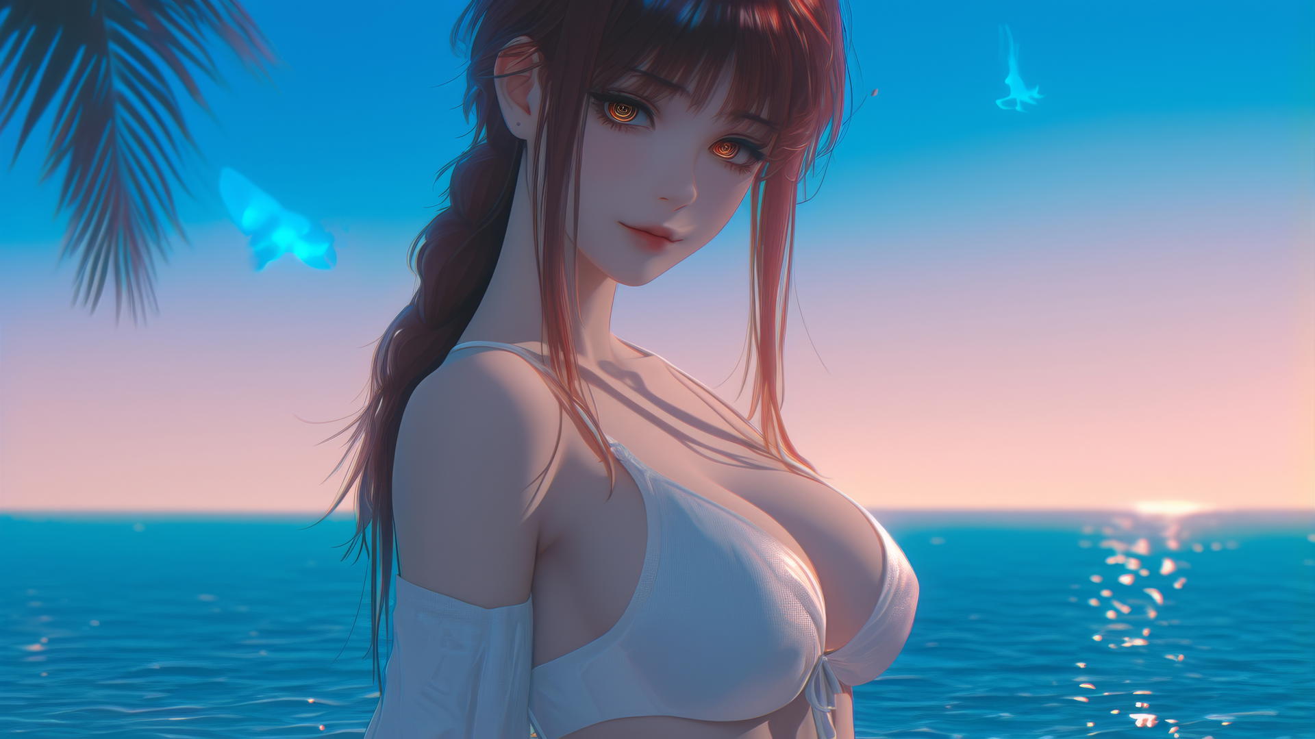 Makima from Chainsaw Man resting at sea at sunset with neon pink sky.