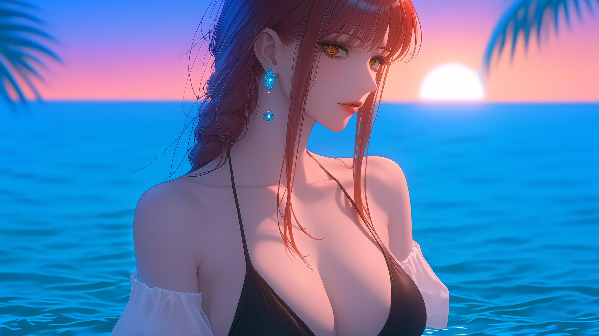 Makima from Chainsaw Man relaxing at sea during a romantic neon pink sunset.