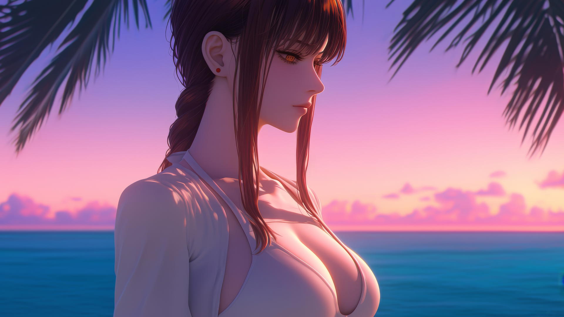 Makima from Chainsaw Man relaxing at sea during a neon pink sunset.