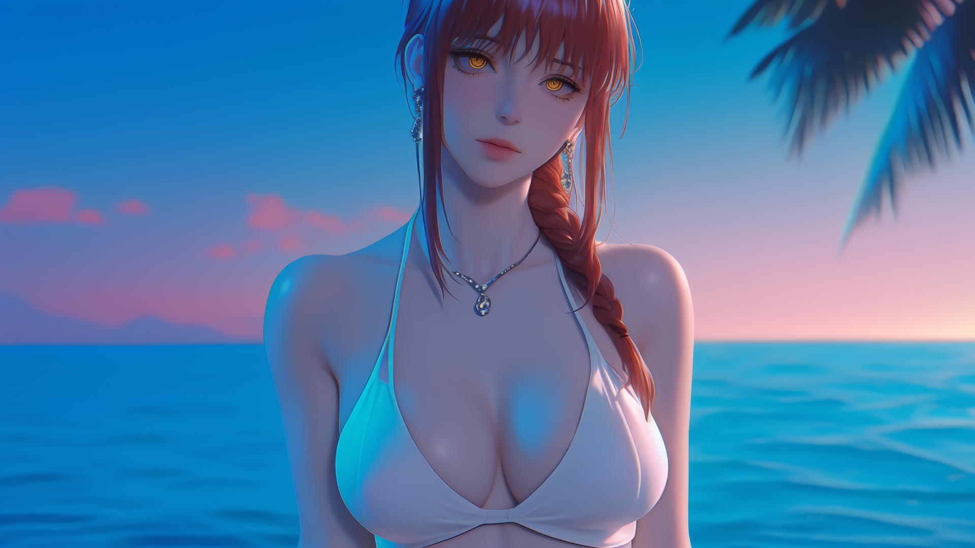 Makima from Chainsaw Man resting at sea during a romantic sunset with a neon pink sky and soft neon light glow.