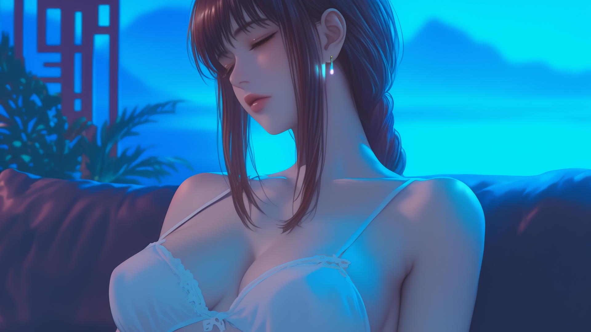 Makima from Chainsaw Man relaxing in a modern hotel room illuminated by neon light