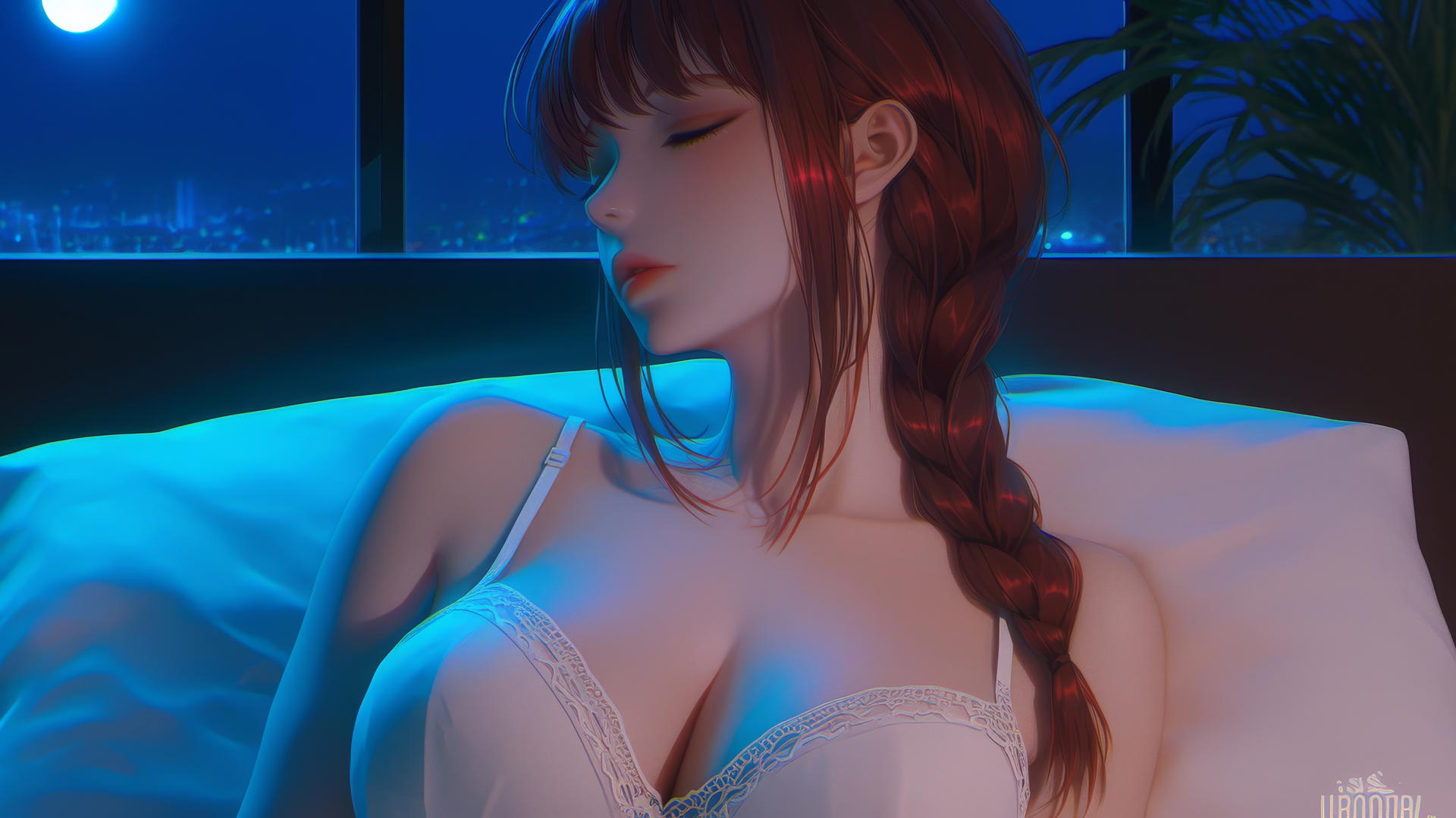 Makima from Chainsaw Man resting in a modern hotel room with neon lighting