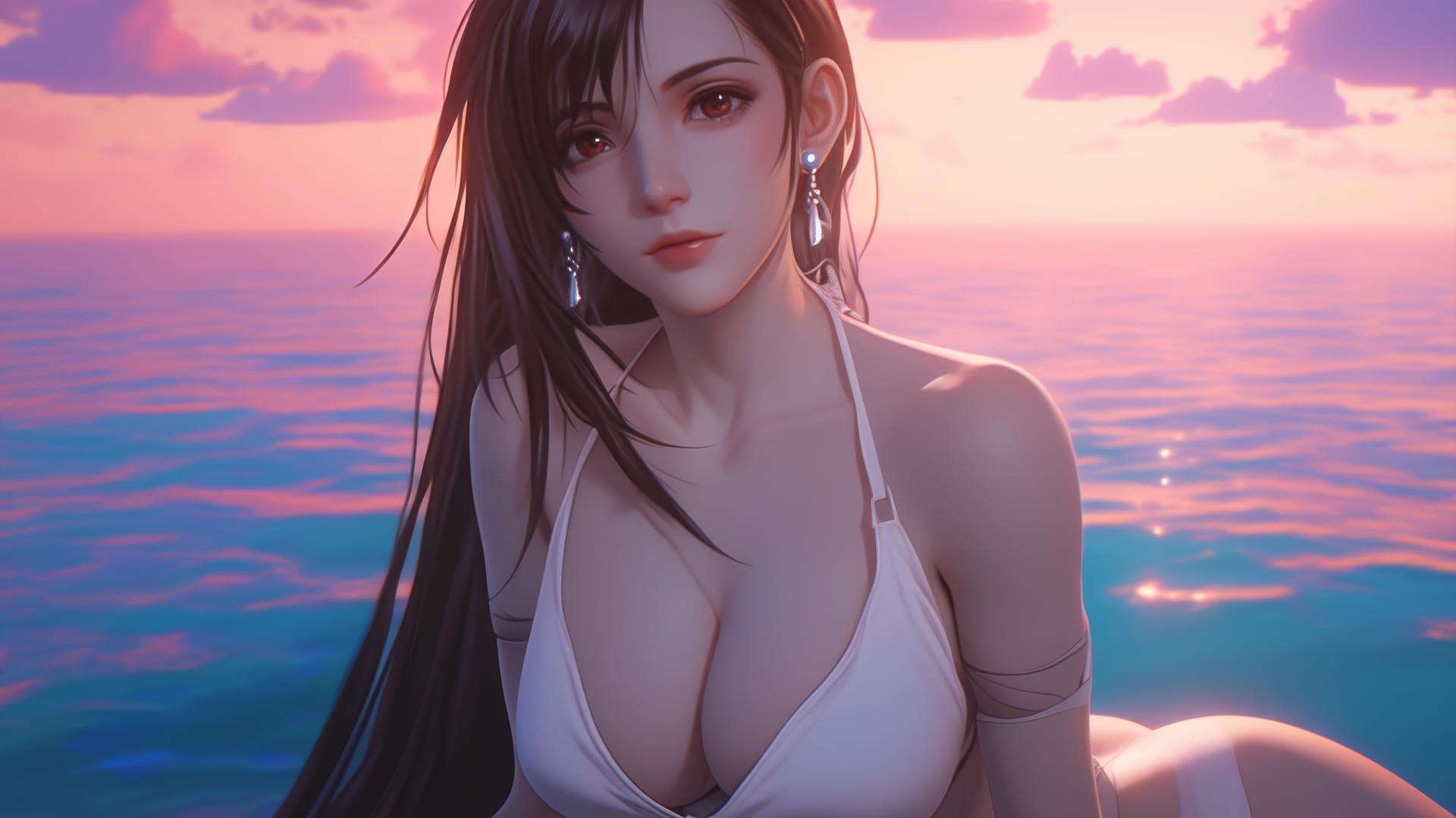 Tifa Lockhart from Final Fantasy resting at sea during a neon pink sunset.