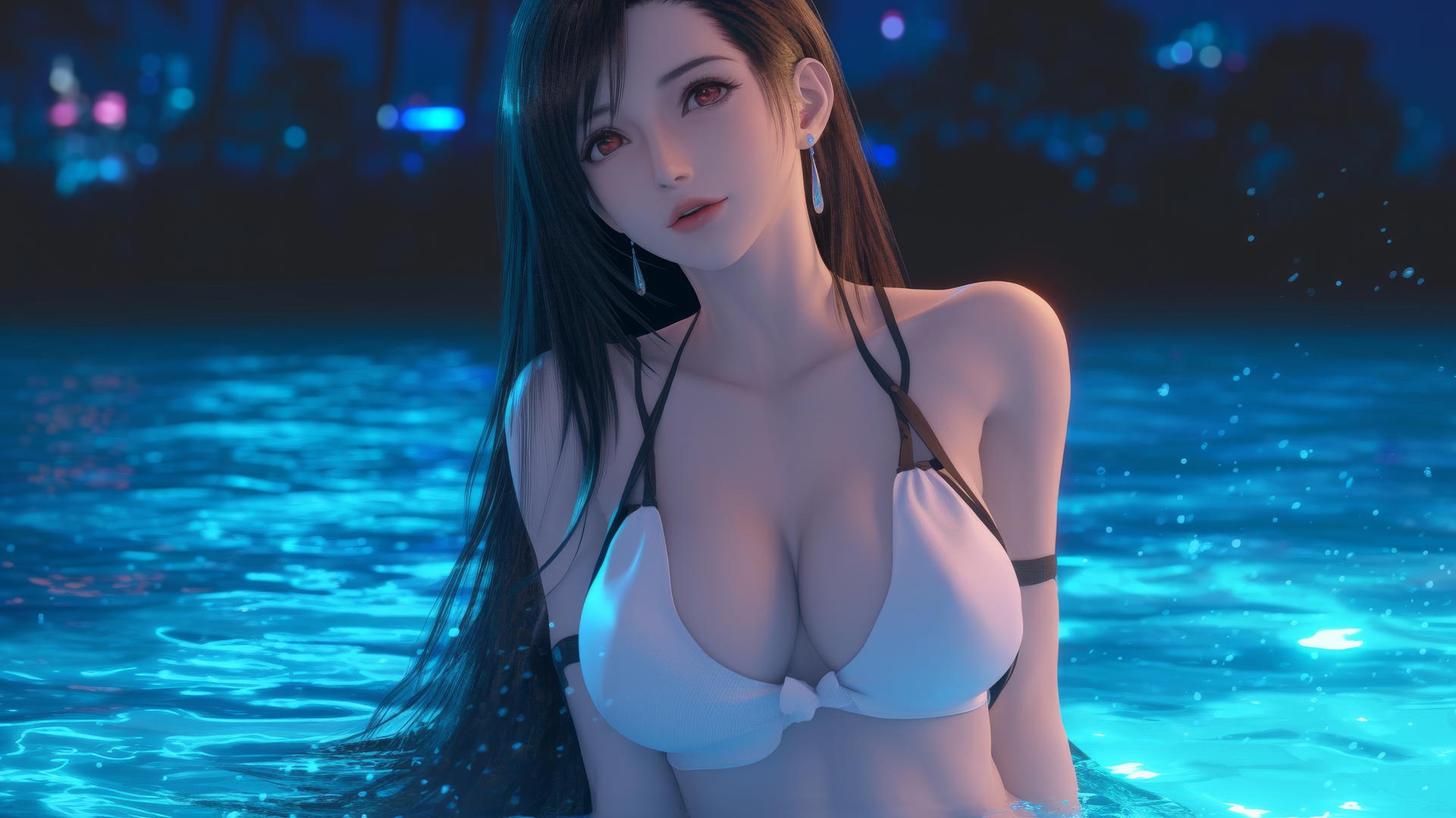 Tifa Lockhart resting at sea during a romantic neon pink sunset with glowing neon light.