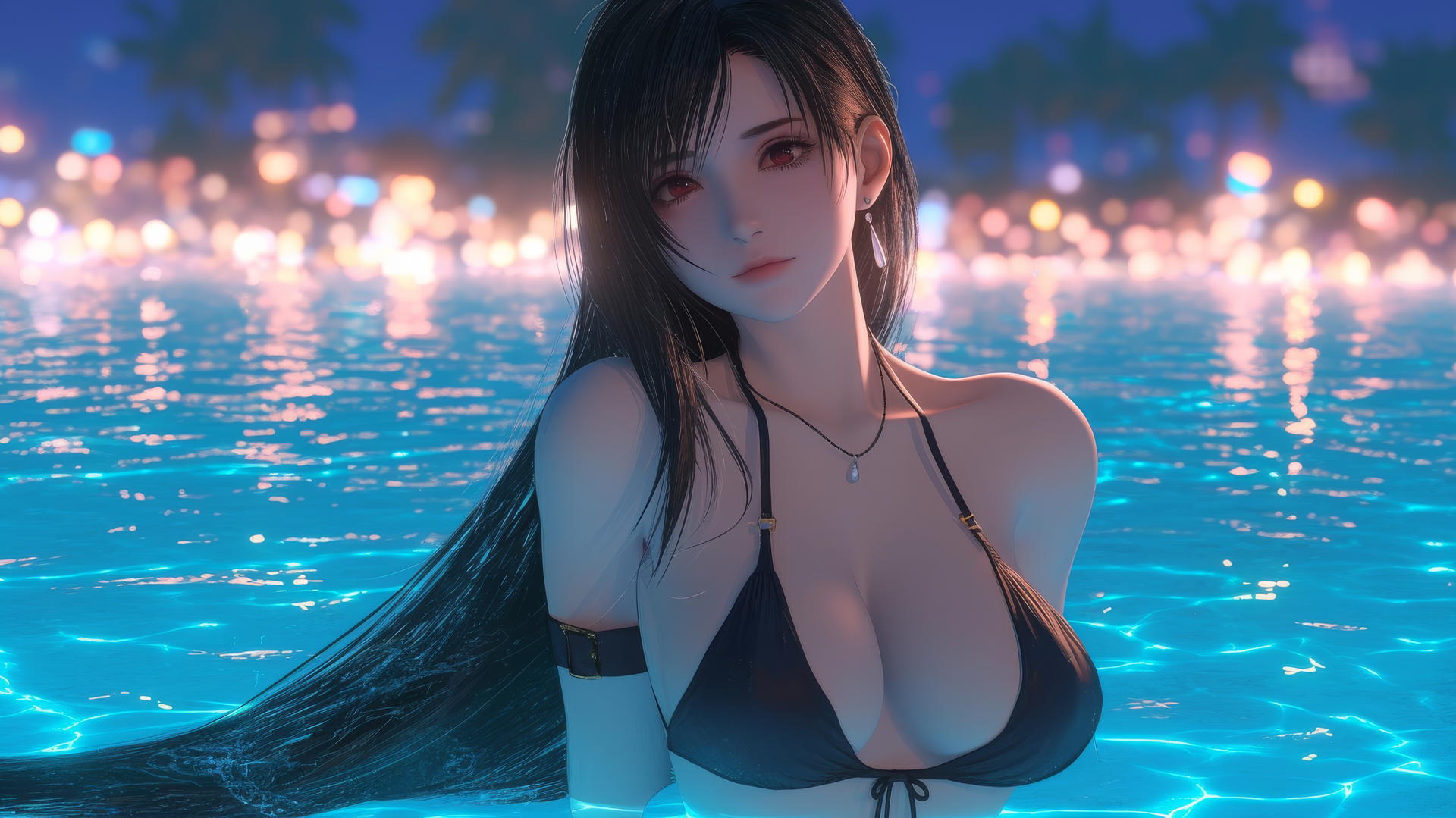 Tifa Lockhart resting at sea during a romantic neon pink sunset.