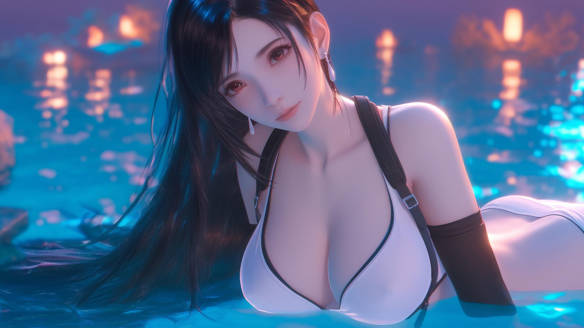 Tifa Lockhart from Final Fantasy resting at sea during a romantic neon pink sunset.