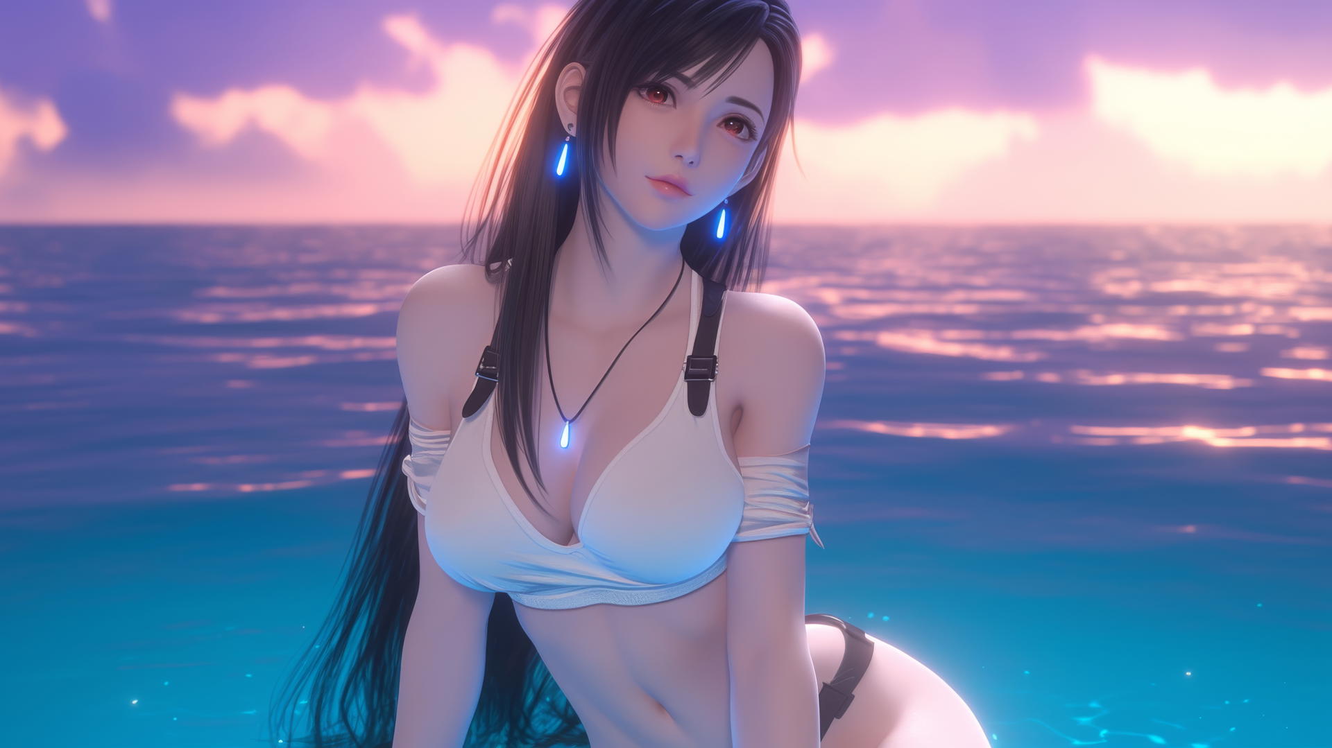 Tifa Lockhart from Final Fantasy resting at sea during a neon pink sunset with soft glowing lights.