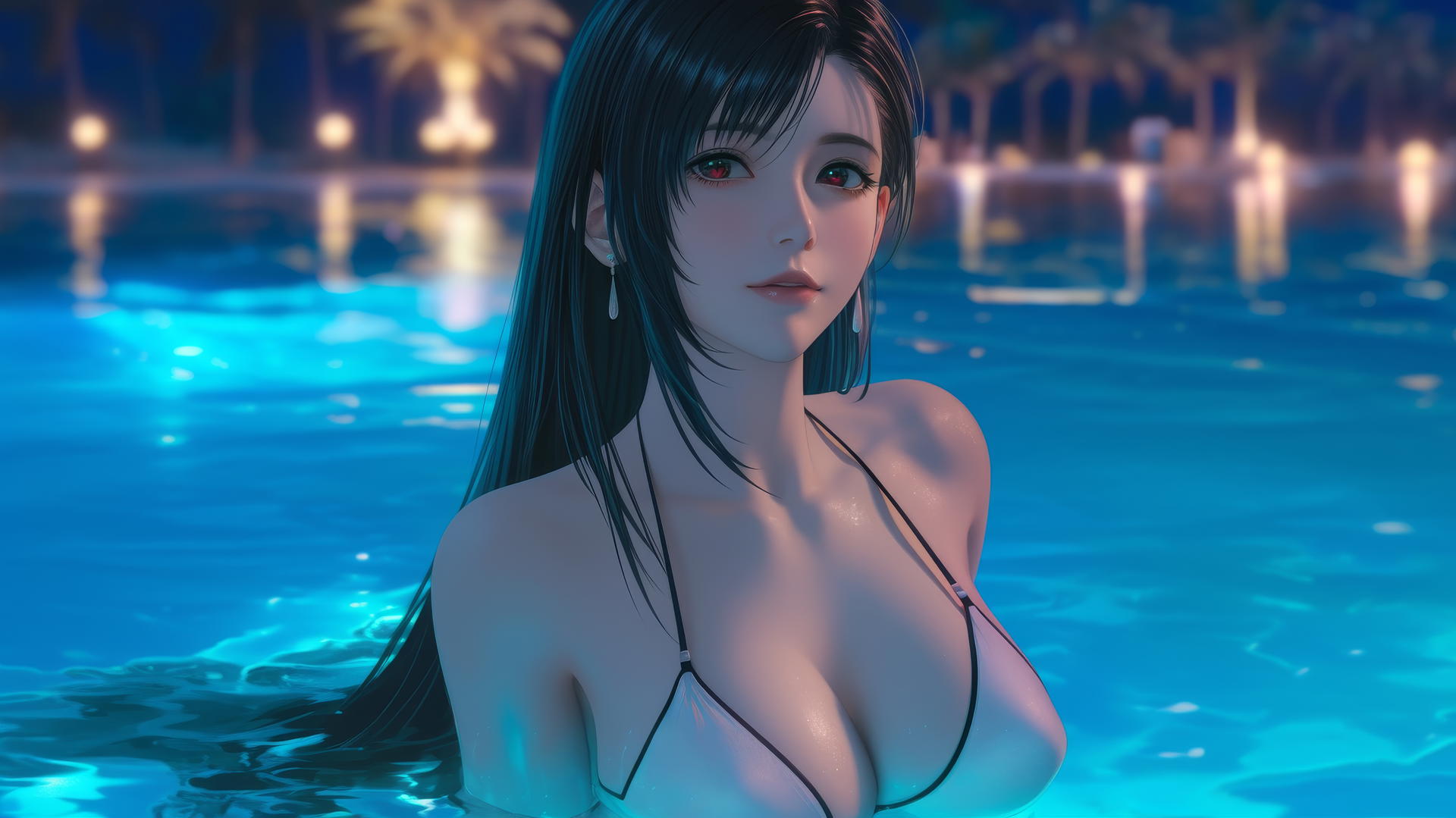 Tifa Lockhart resting at sea during a romantic sunset with neon pink sky.