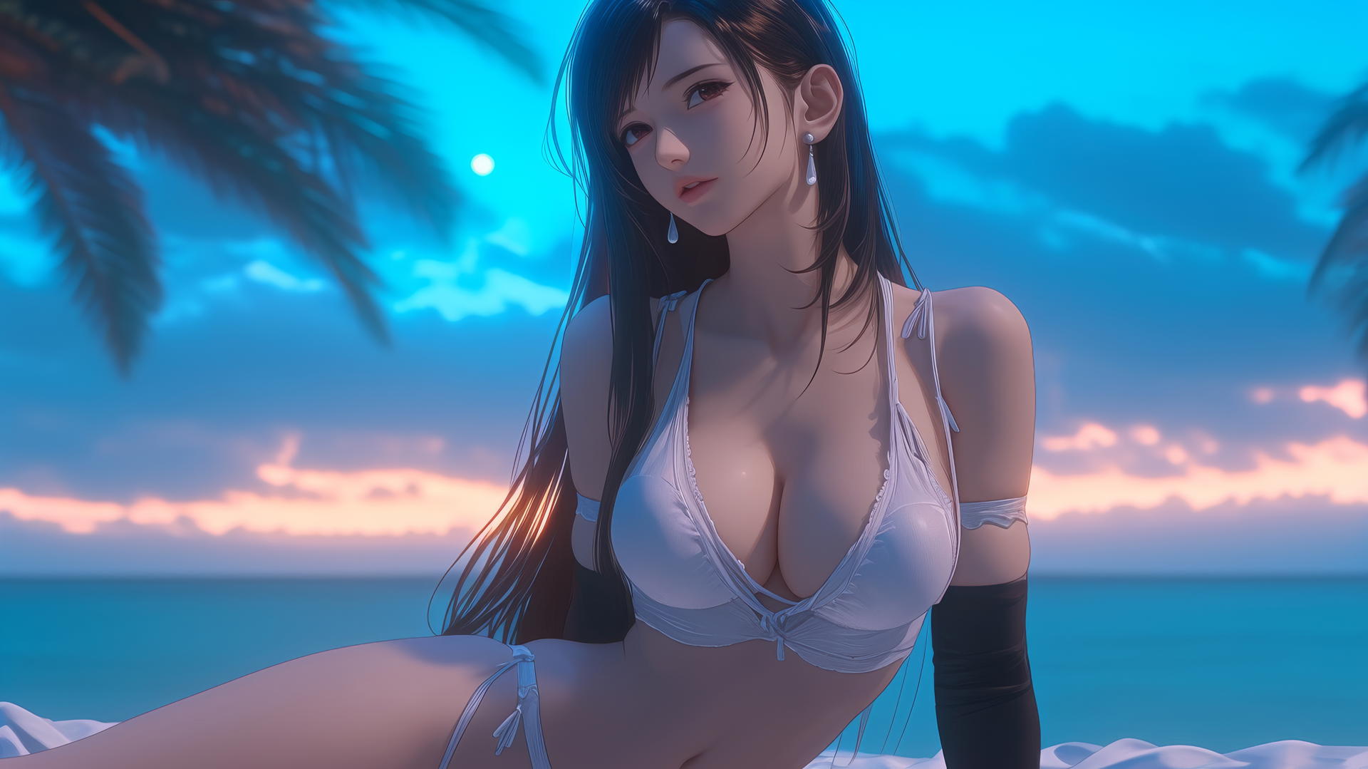 Tifa Lockhart rests at sea during a romantic sunset with a neon pink sky and soft neon light.