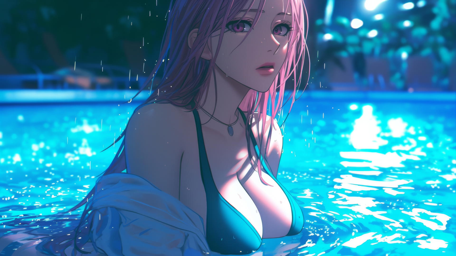 Satsuki Momoi with bright pink hair and darkish pink eyes resting by a rainy swimming pool under moonlight.