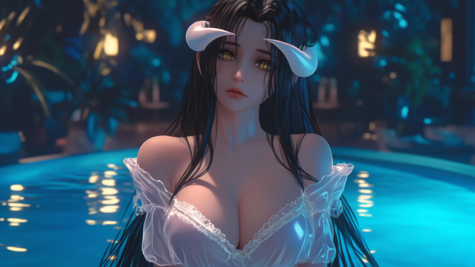 Albedo from Overlord in a modern hotel room bathtub, warm light glow