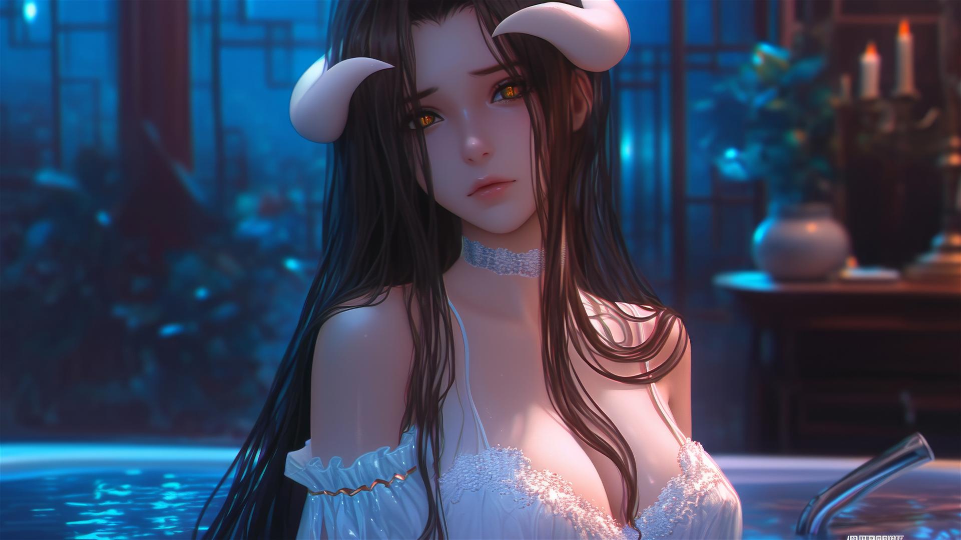 Albedo from Overlord in a modern hotel room, warm light, golden irises, horns.