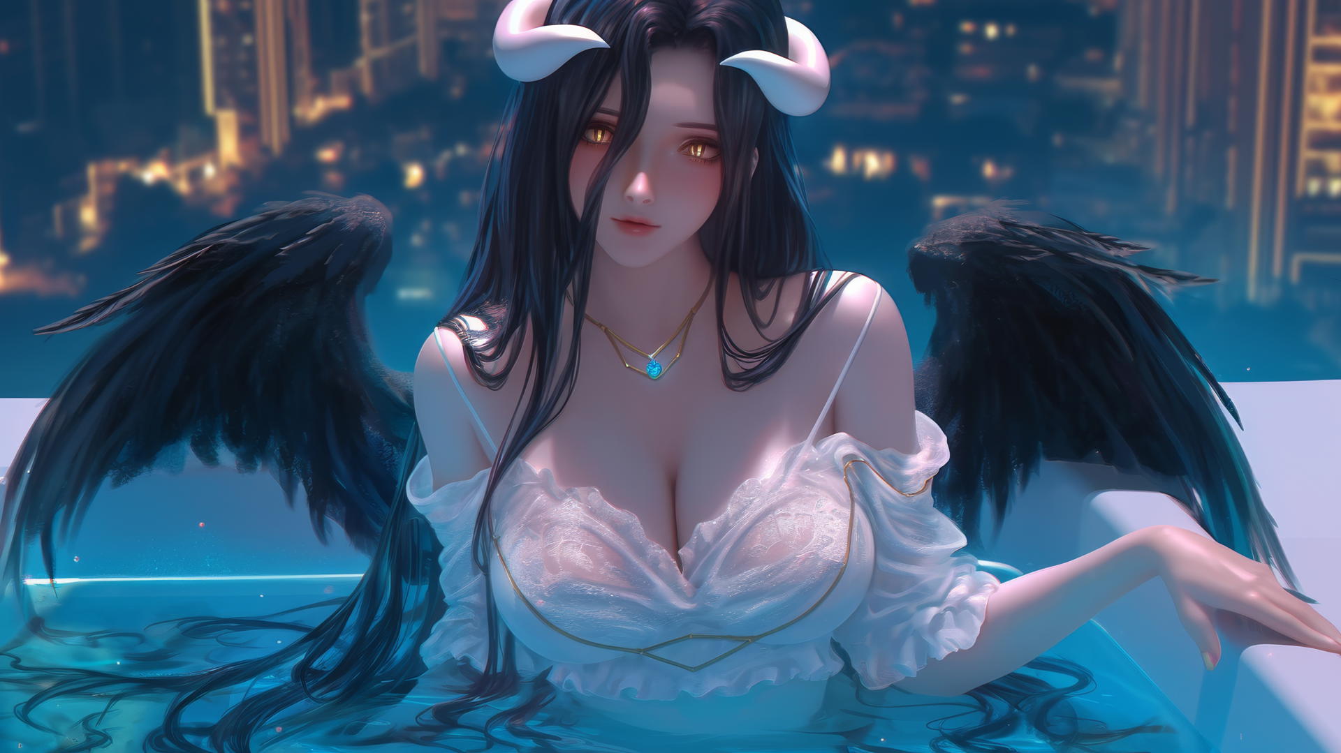 Albedo from Overlord in a modern hotel room with warm light, golden eyes, and horns.