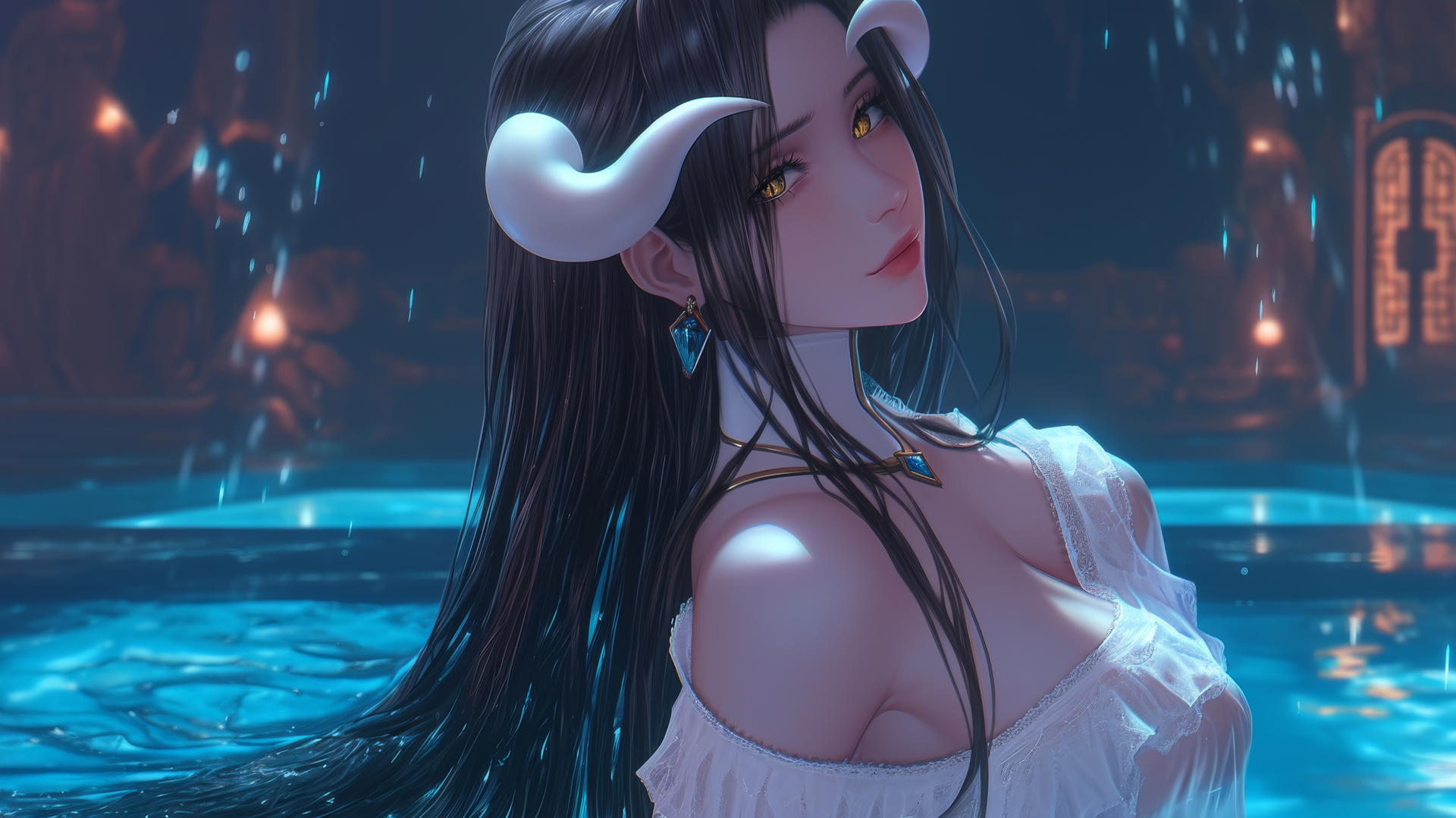 Albedo from Overlord in a modern hotel room bathtub with warm glowing light, golden irises, and horns.