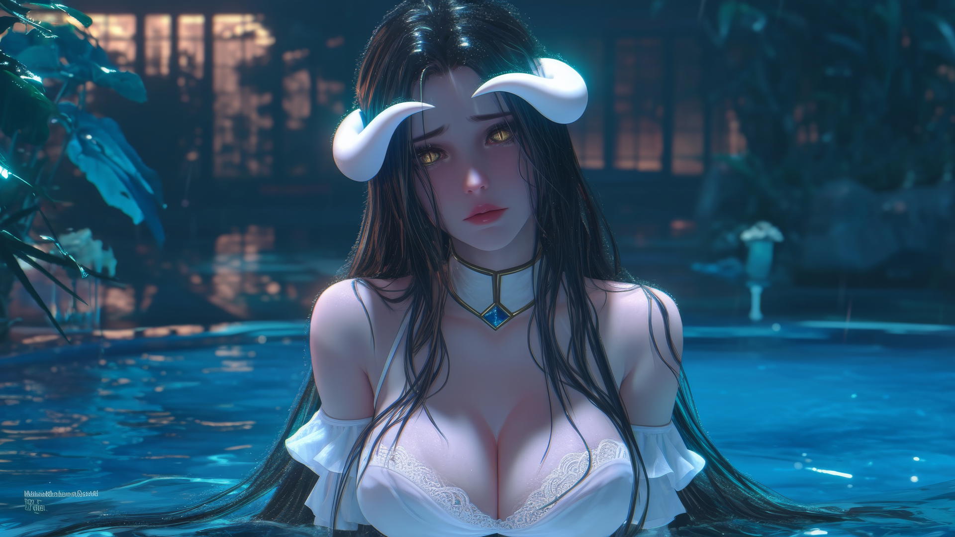 Albedo from Overlord in a modern hotel room tub, warm glow highlighting her beauty, with golden irises and crooked horns.