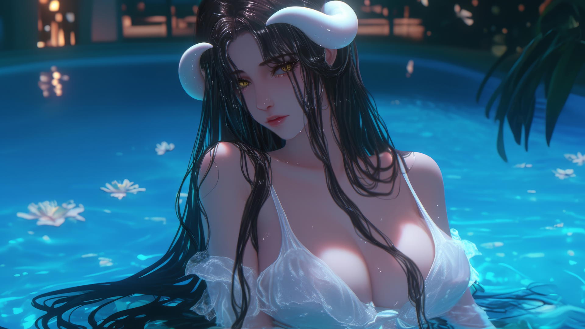 Albedo from Overlord in a modern hotel room, warm light, golden irises