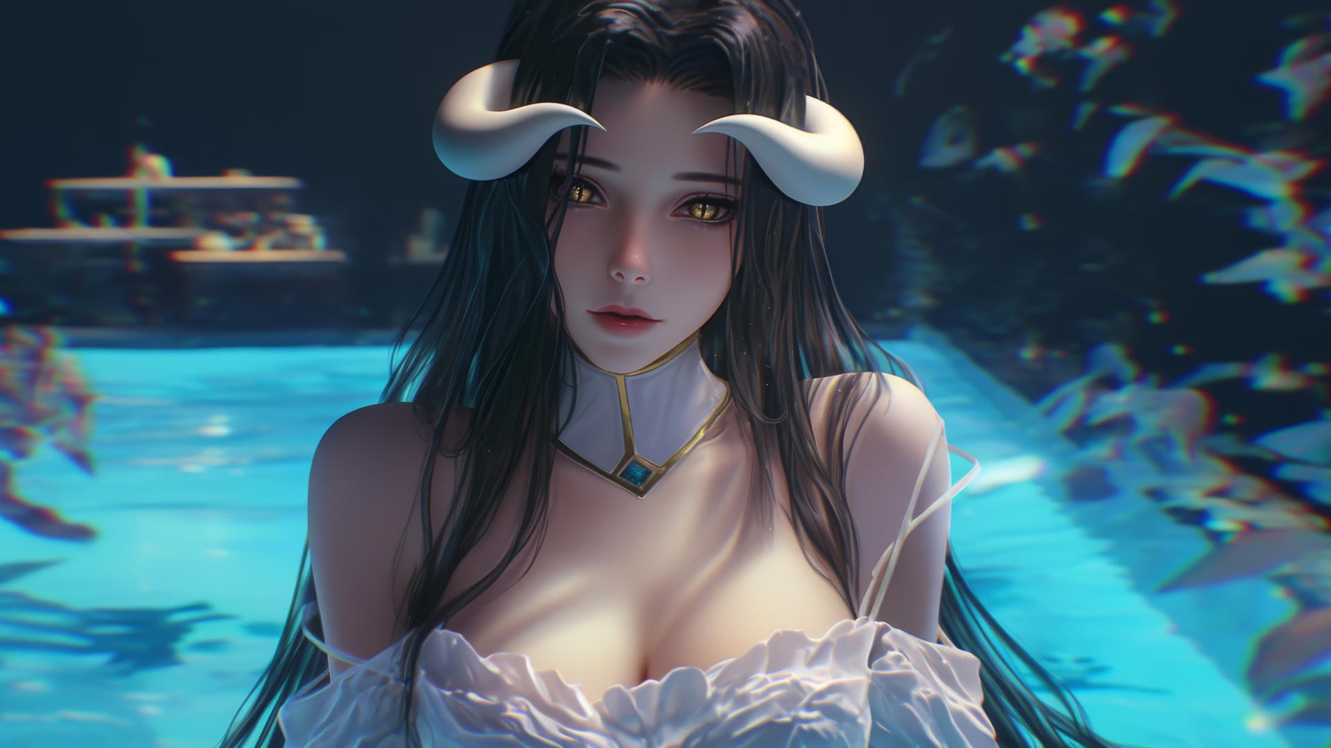 Albedo from Overlord in a hotel tub with warm light and horns
