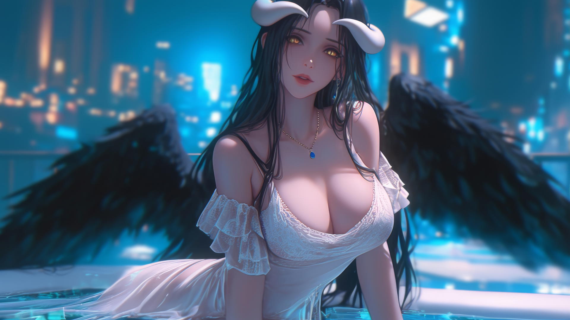 Albedo from Overlord in a modern hotel room with warm lighting and horns