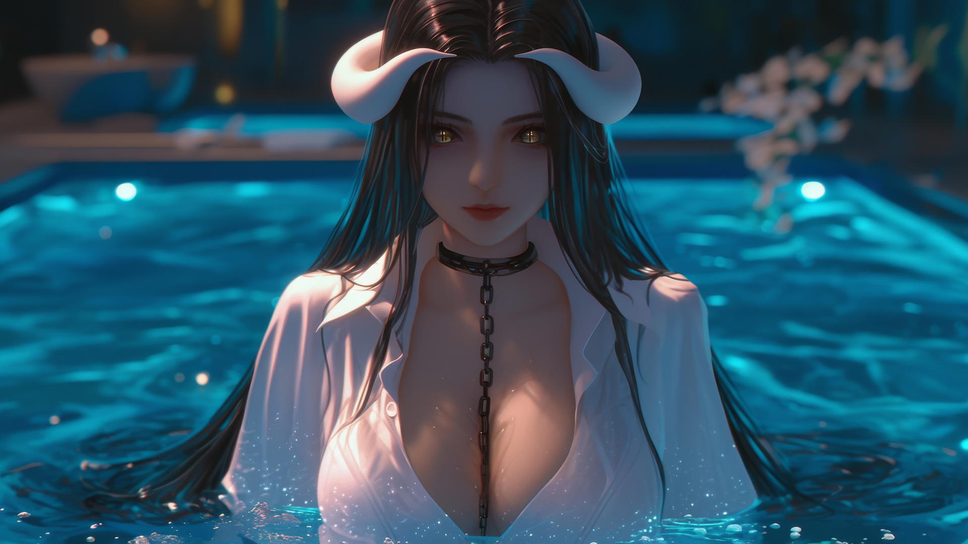 Albedo from Overlord in a modern hotel room, locked with iron chains, wearing a white office shirt, with golden irises and thick horns.